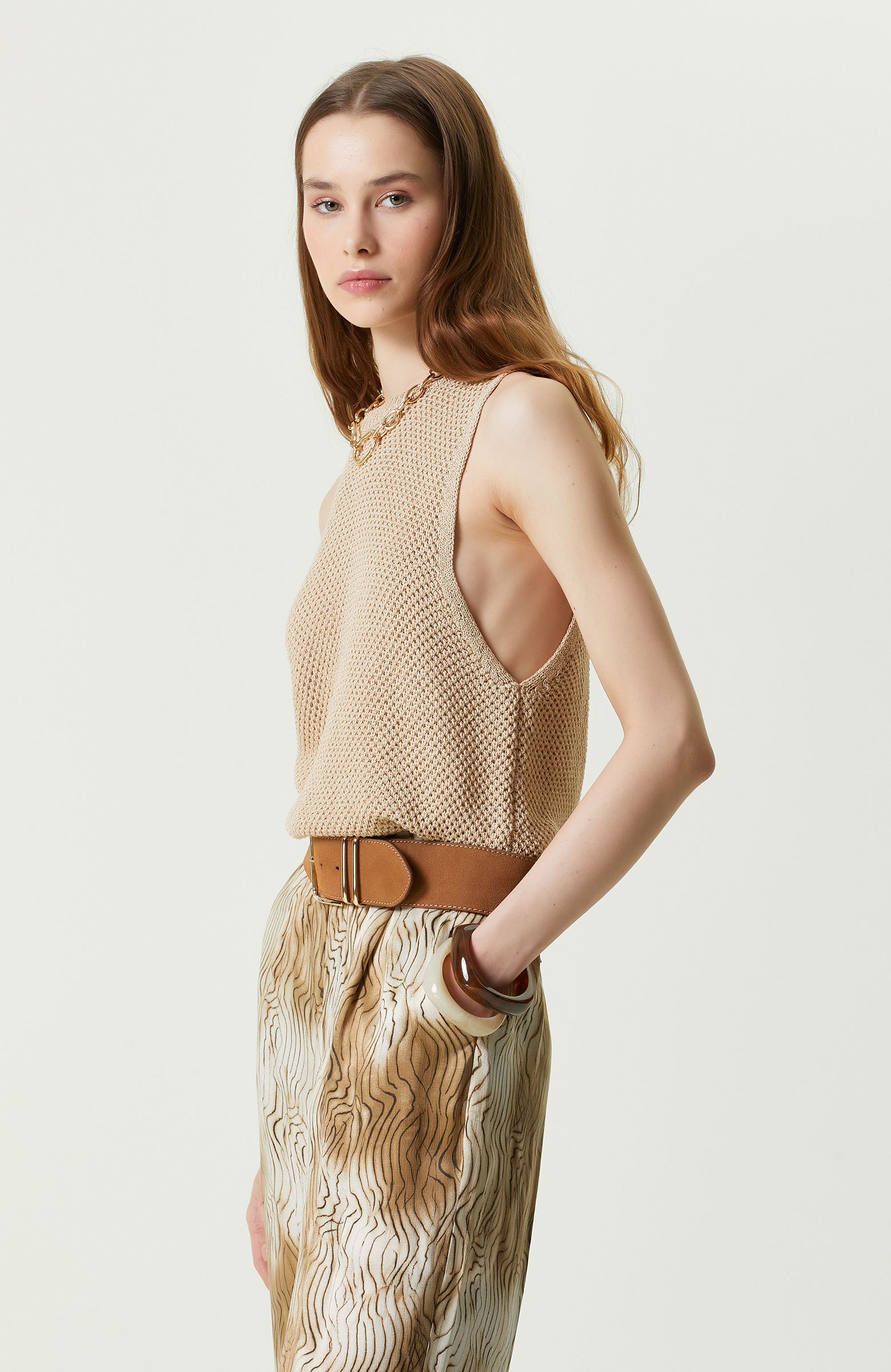 Bej Ajurlu Kolsuz Triko Kazak