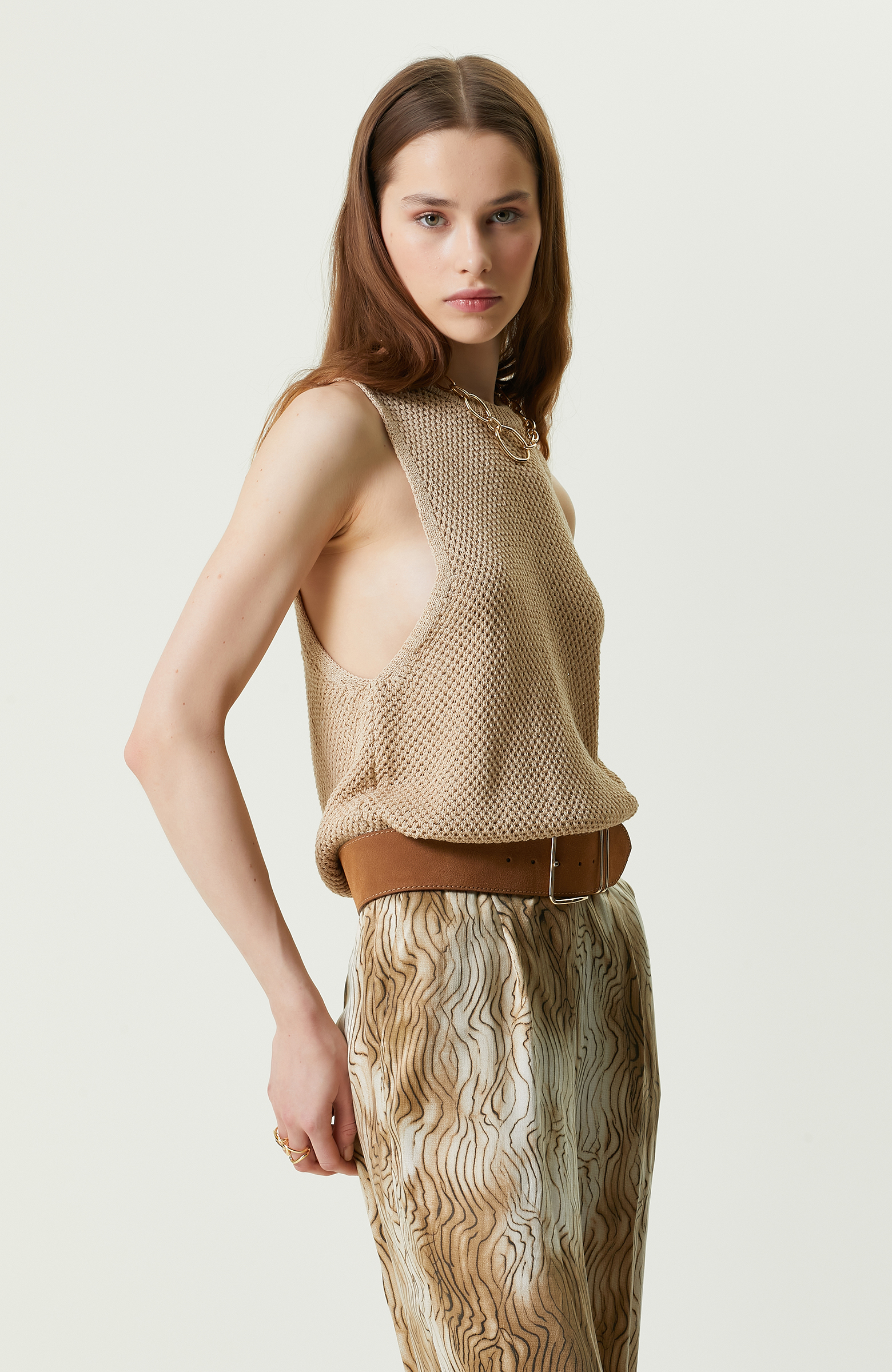 Bej Ajurlu Kolsuz Triko Kazak