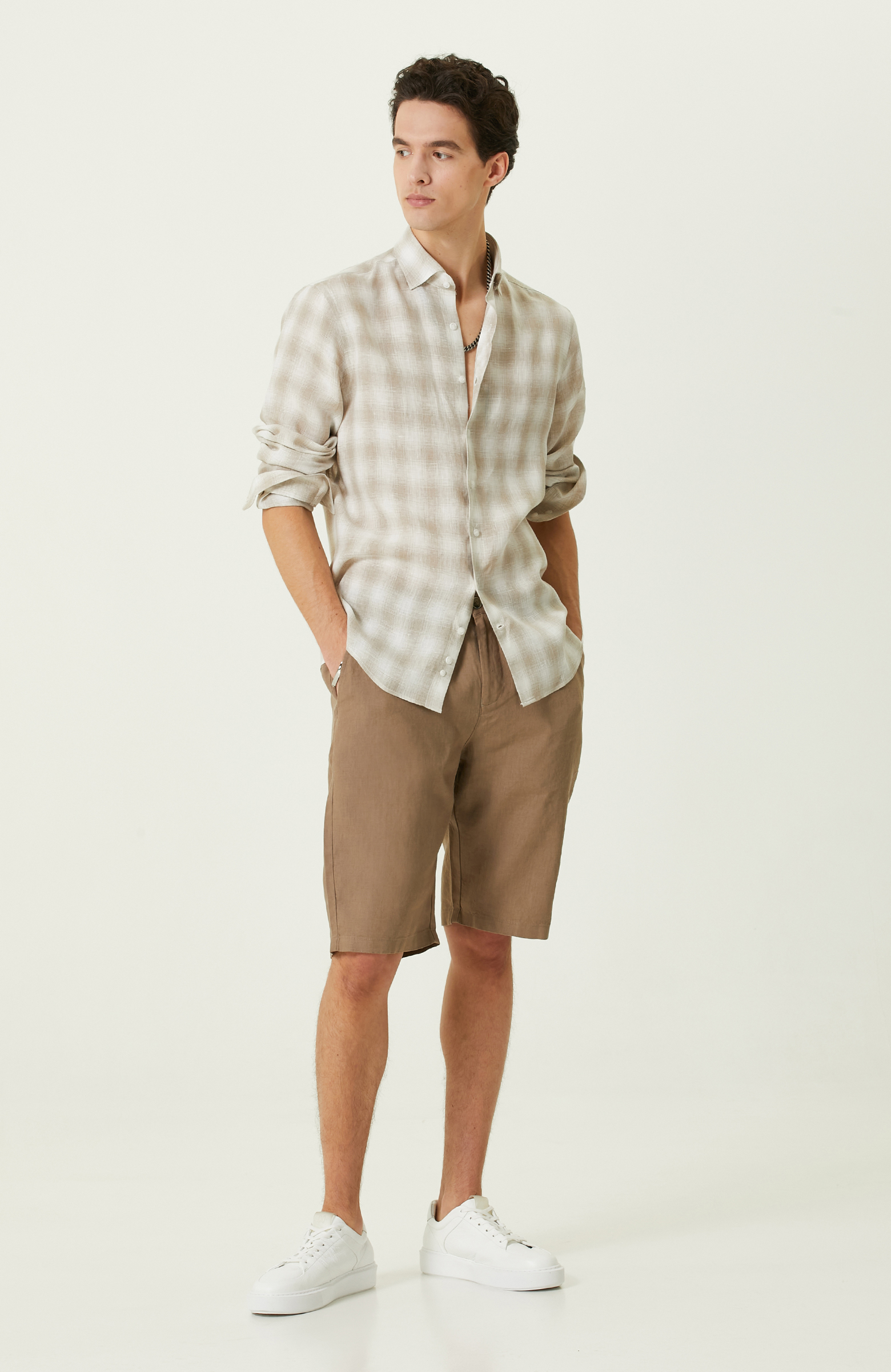 Bej Ekose Keten Gömlek