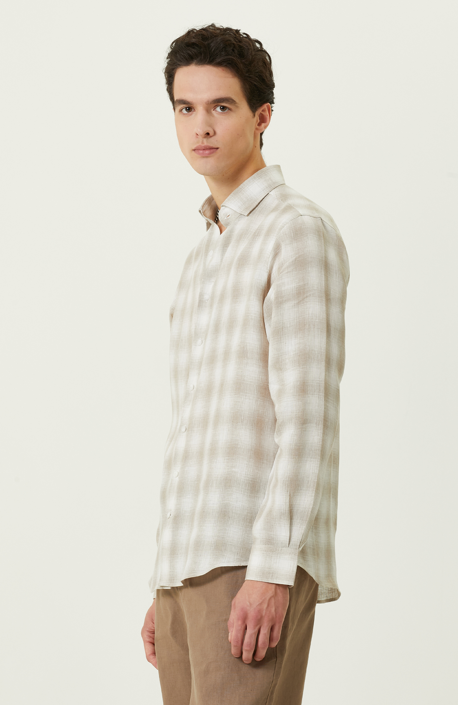 Bej Ekose Keten Gömlek