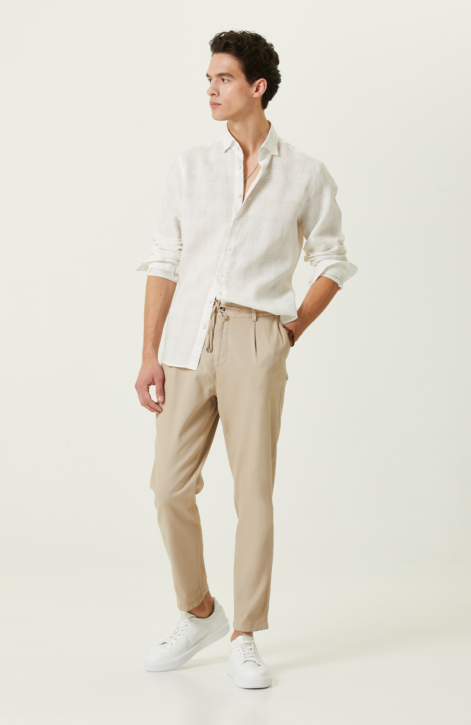 Ekru Ekose Keten Gömlek