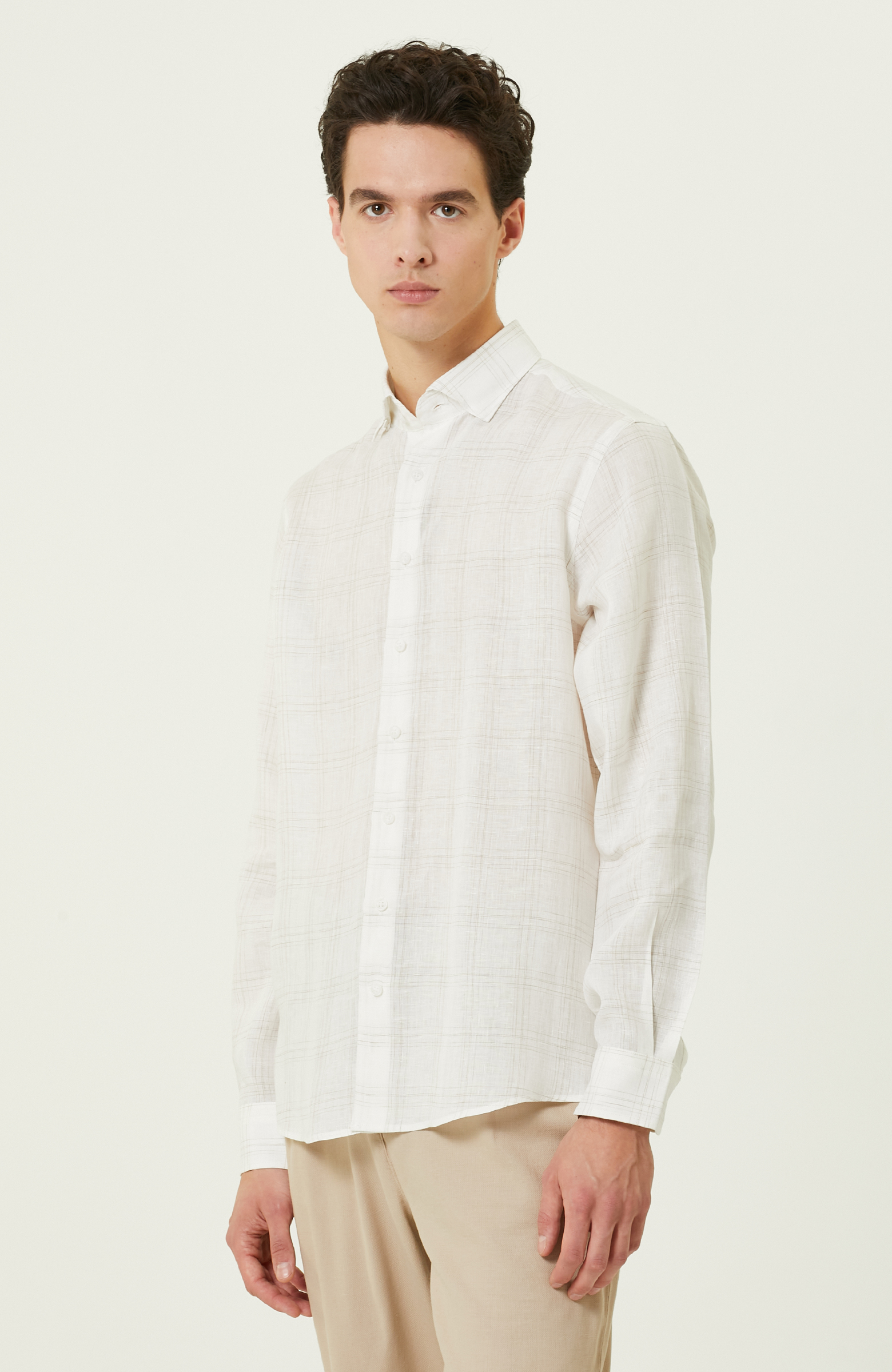 Ekru Ekose Keten Gömlek