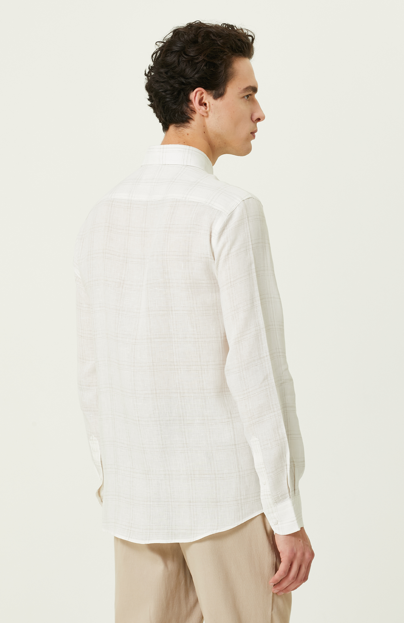 Ekru Ekose Keten Gömlek