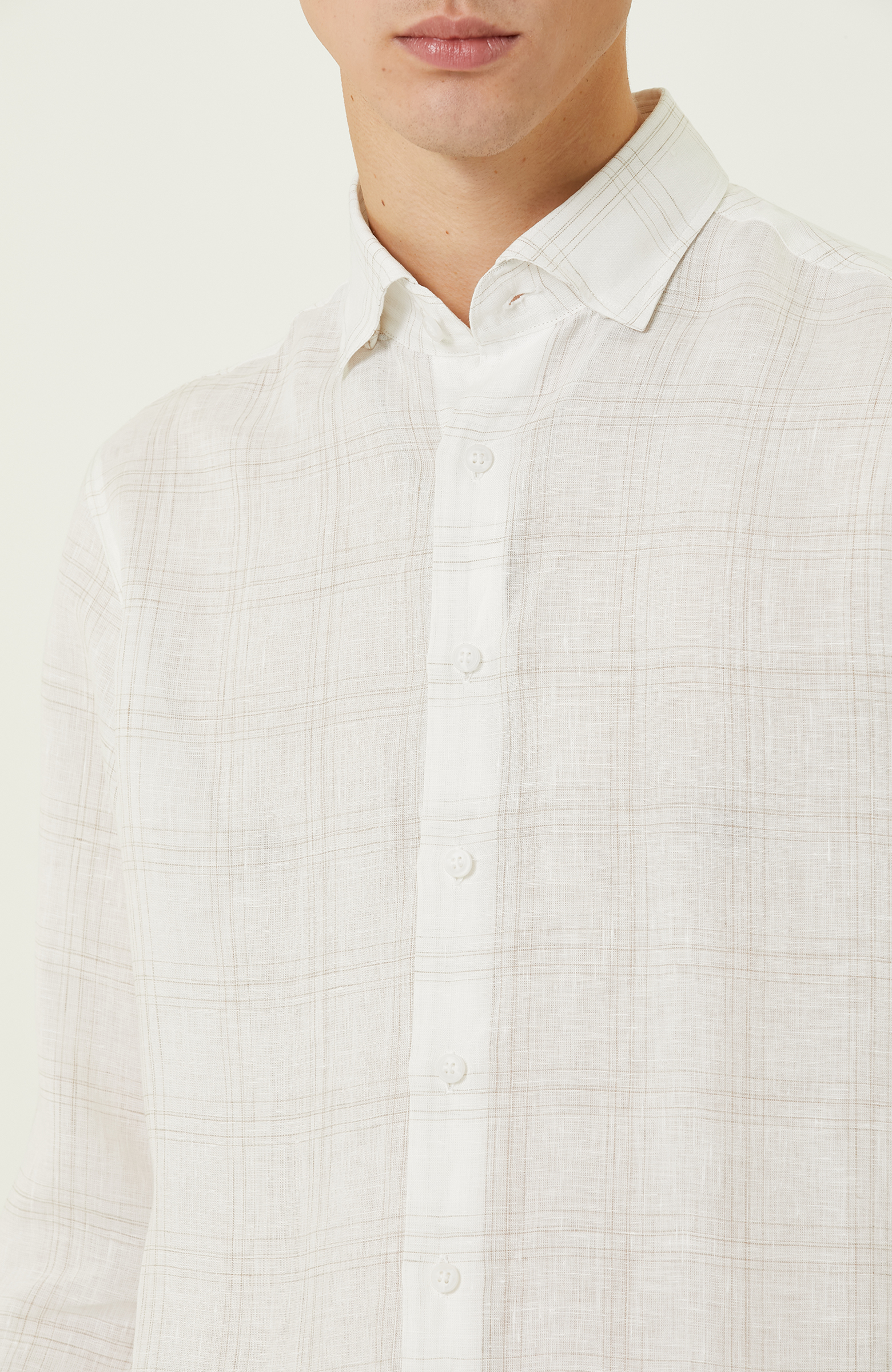 Ekru Ekose Keten Gömlek