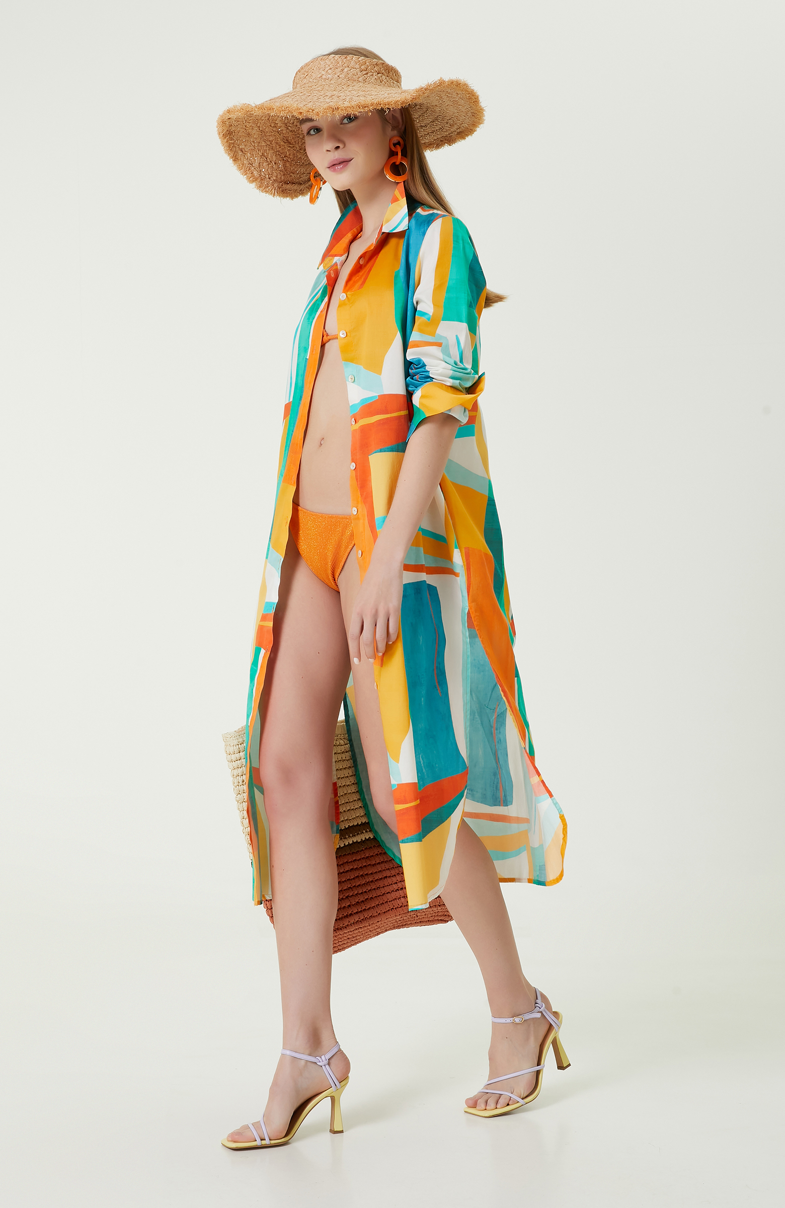 Turkuaz Desenli Gömlek Yaka Elbise