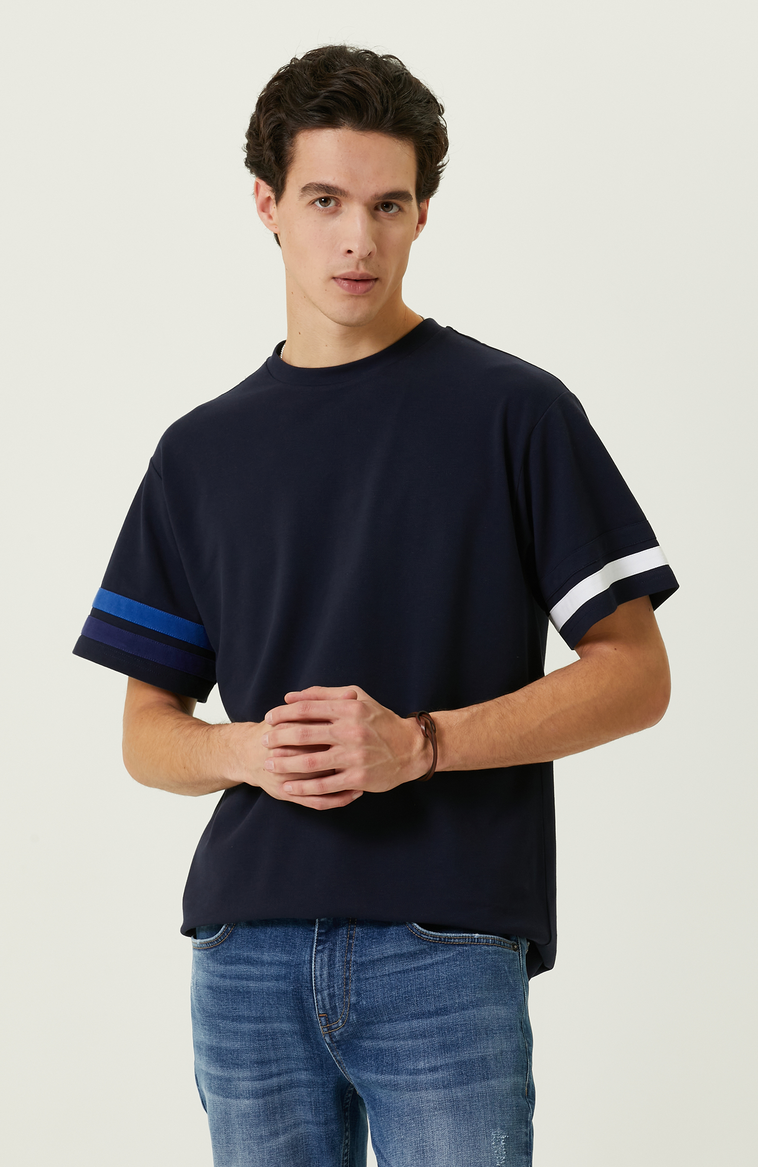 Lacivert Baskılı Bisiklet Yaka T-Shirt