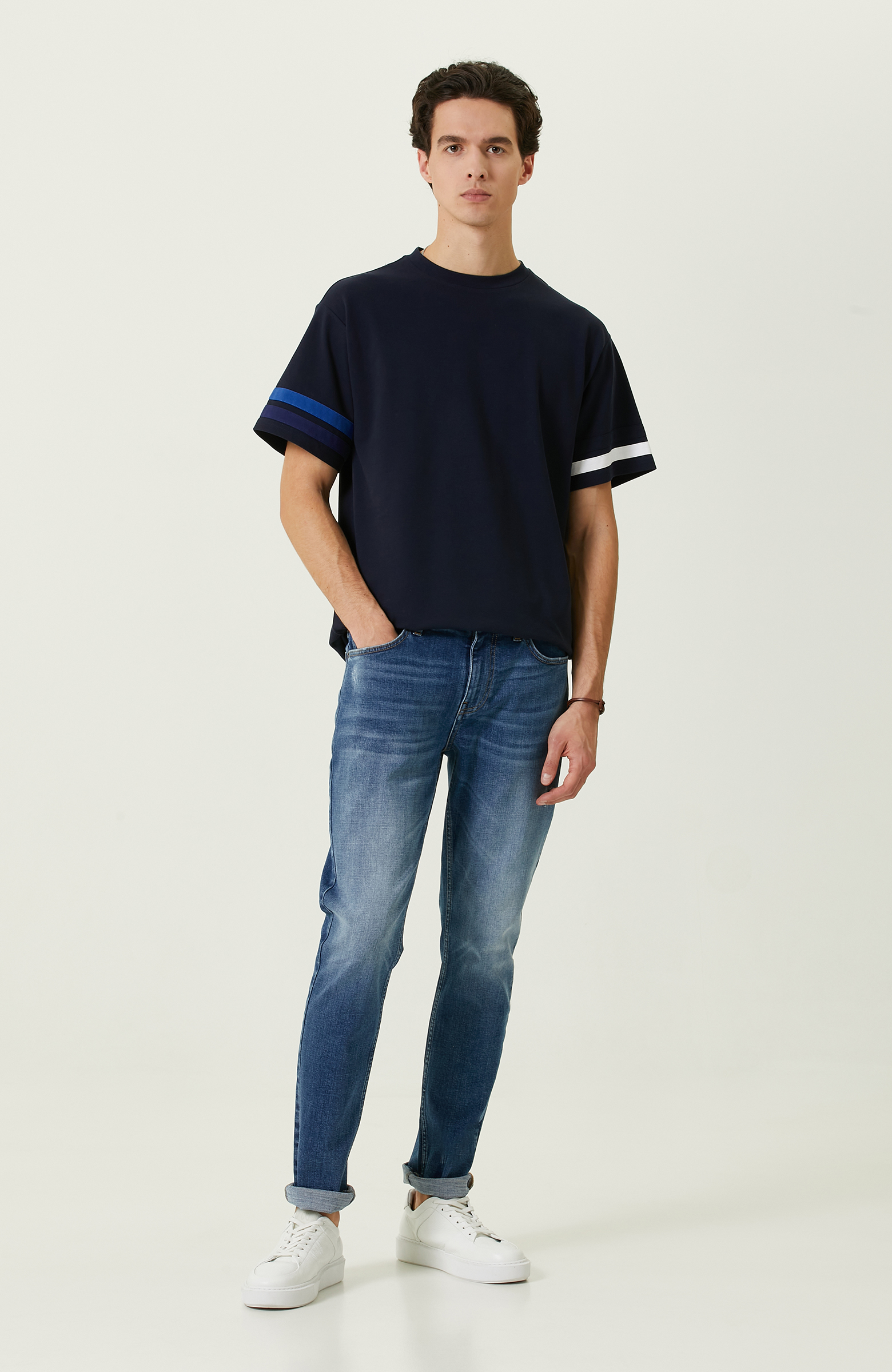 Lacivert Baskılı Bisiklet Yaka T-Shirt