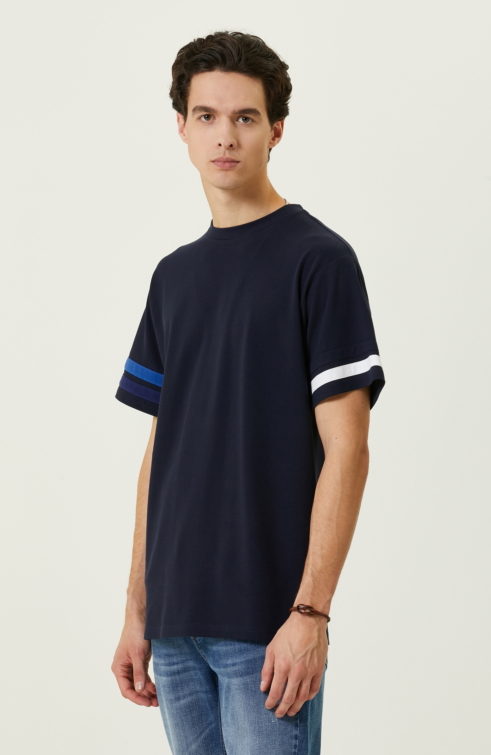 Lacivert Baskılı Bisiklet Yaka T-Shirt