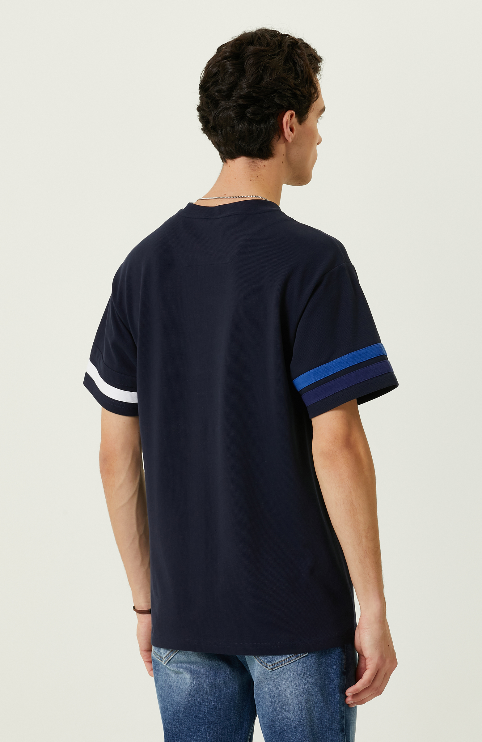 Lacivert Baskılı Bisiklet Yaka T-Shirt