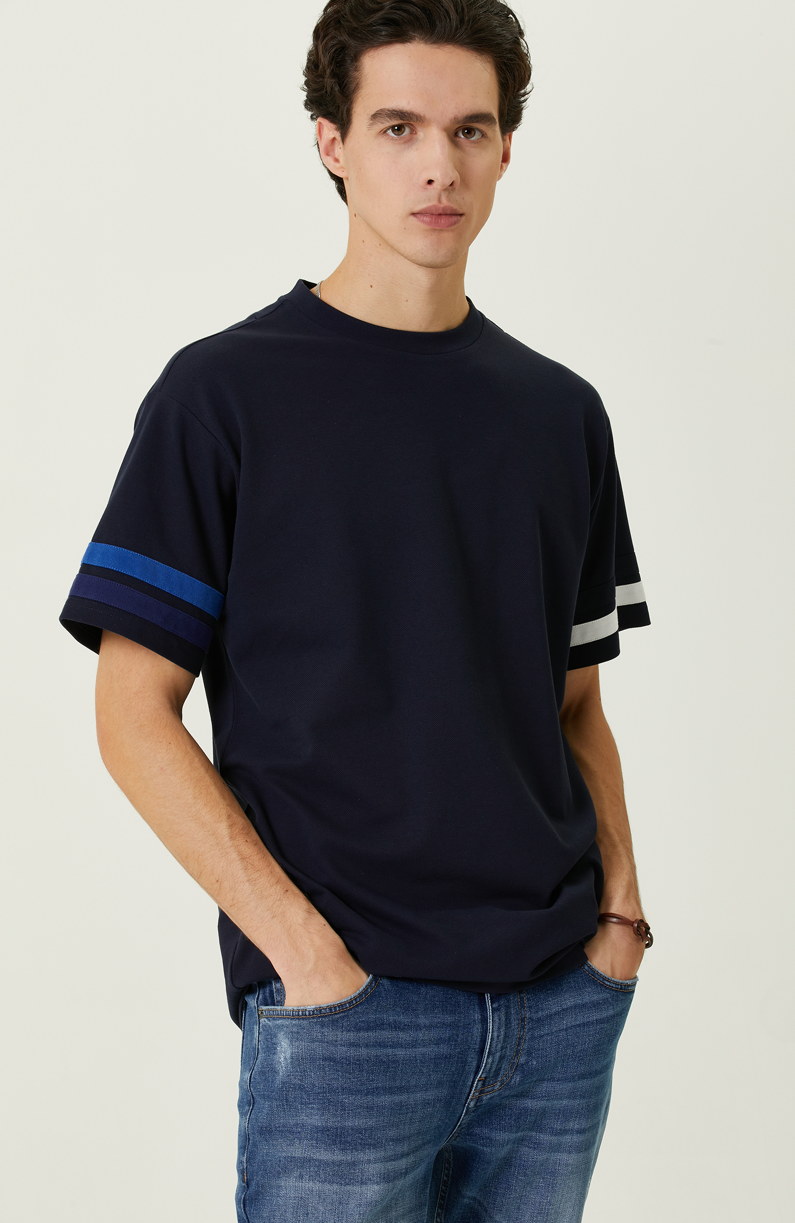 Lacivert Baskılı Bisiklet Yaka T-Shirt