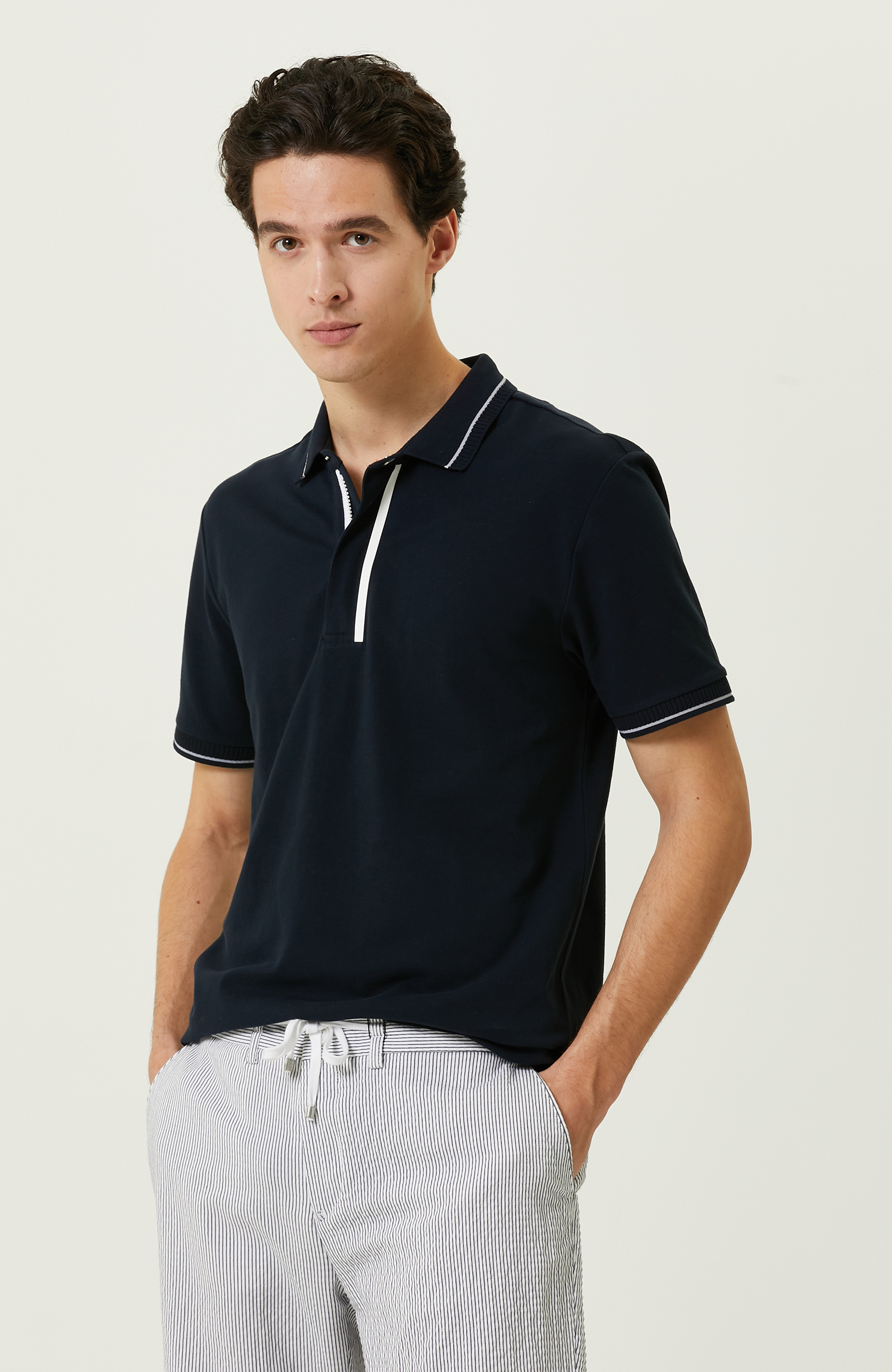 Lacivert Fermuarlı Polo Yaka T-Shirt