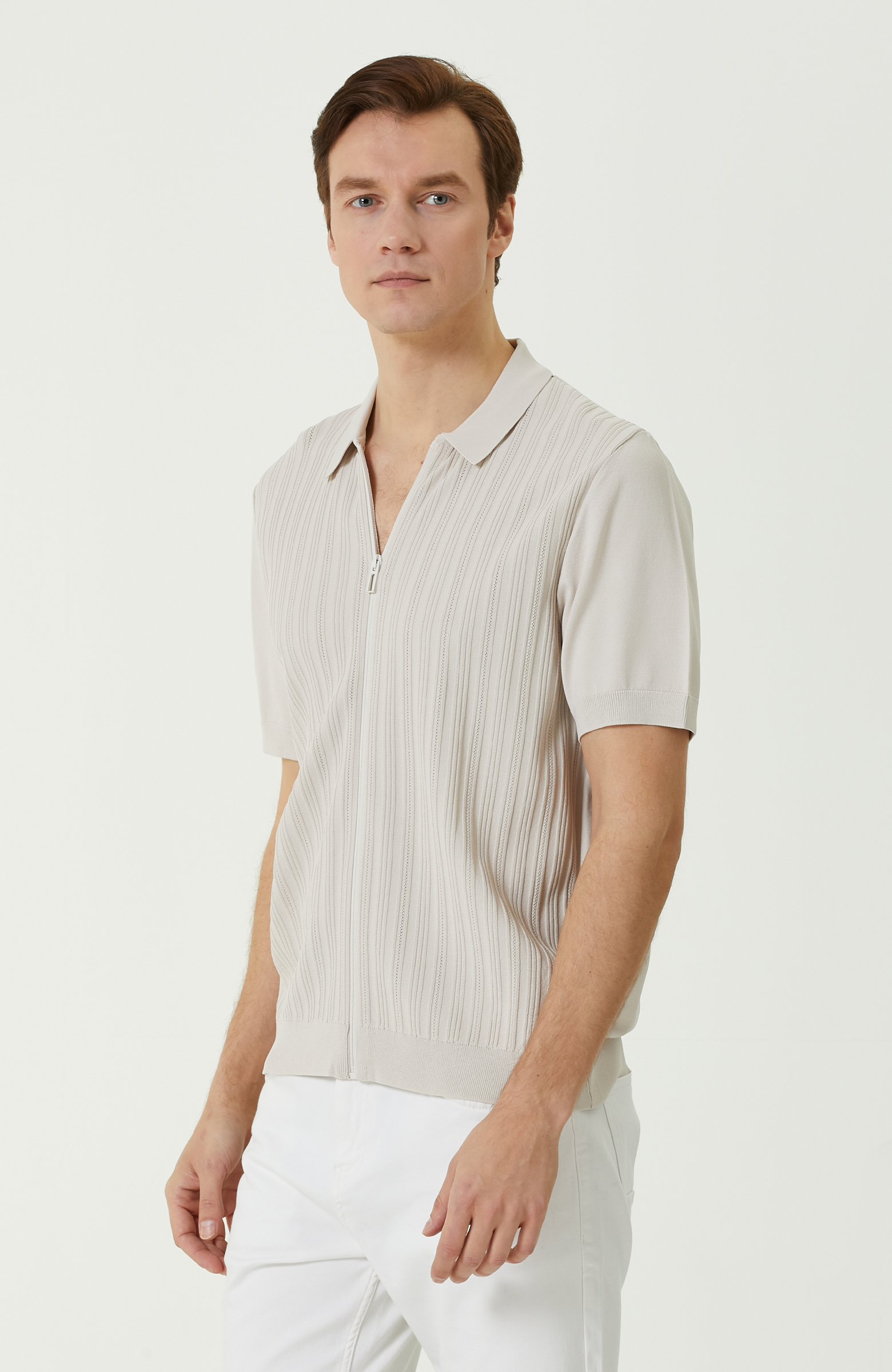 Taş Rengi Fermuarlı Triko Gömlek