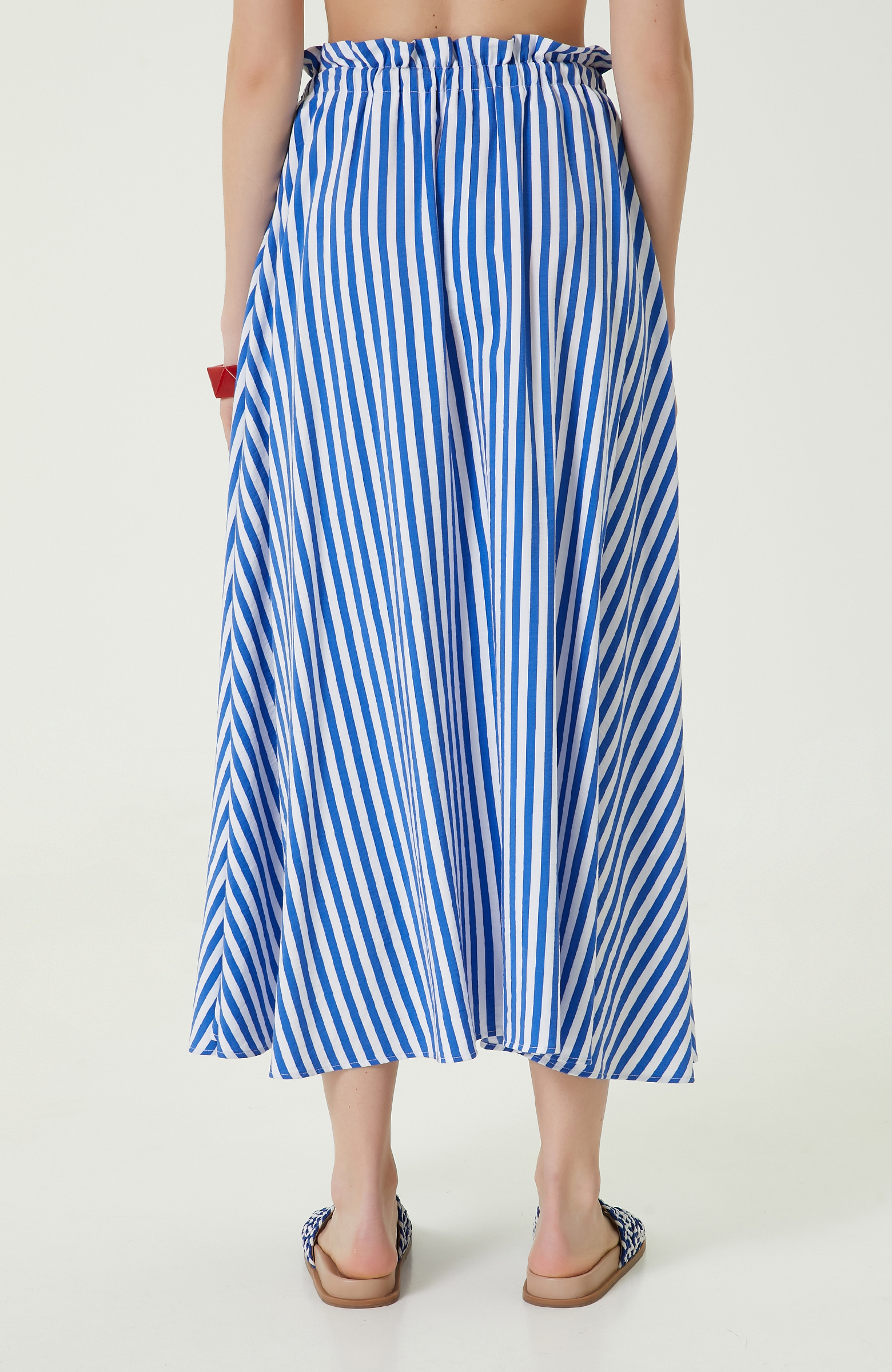 Saks Mavisi-Beyaz Çizgili Midi Boy Etek