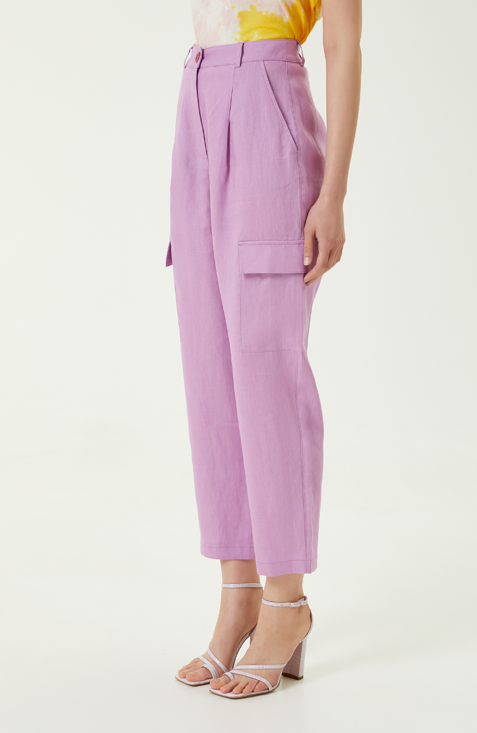 Yüksek Bel Pembe Keten Pantolon