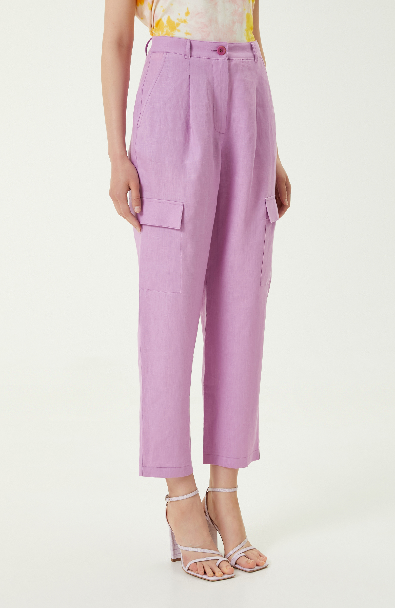 Yüksek Bel Pembe Keten Pantolon