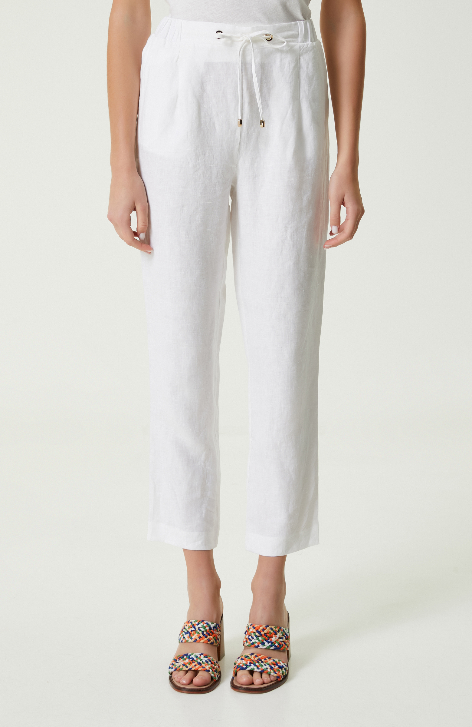 Beyaz Beli Büzgülü Keten Pantolon