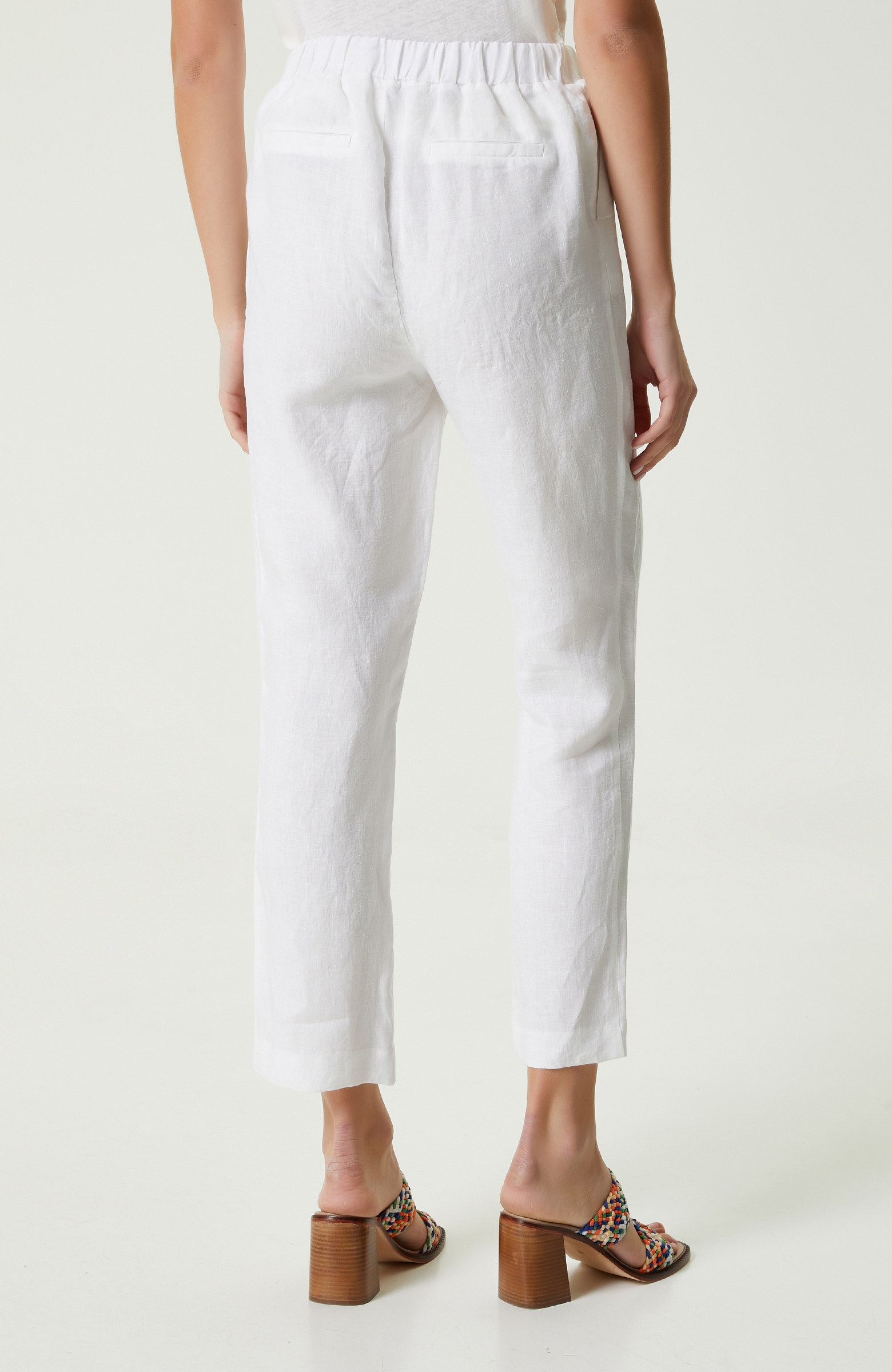 Beyaz Beli Büzgülü Keten Pantolon