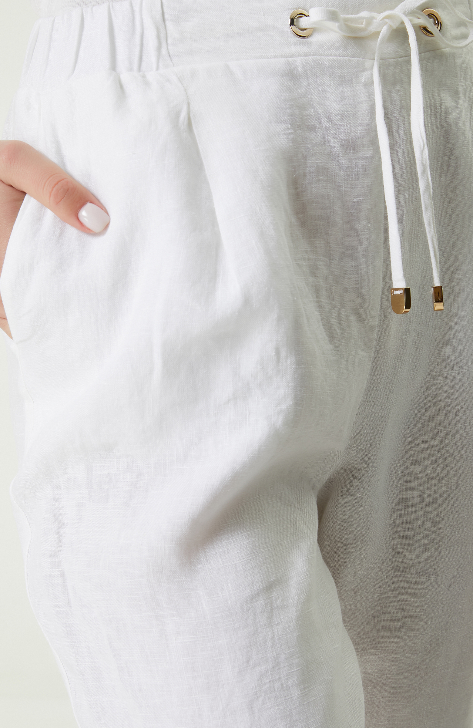 Beyaz Beli Büzgülü Keten Pantolon