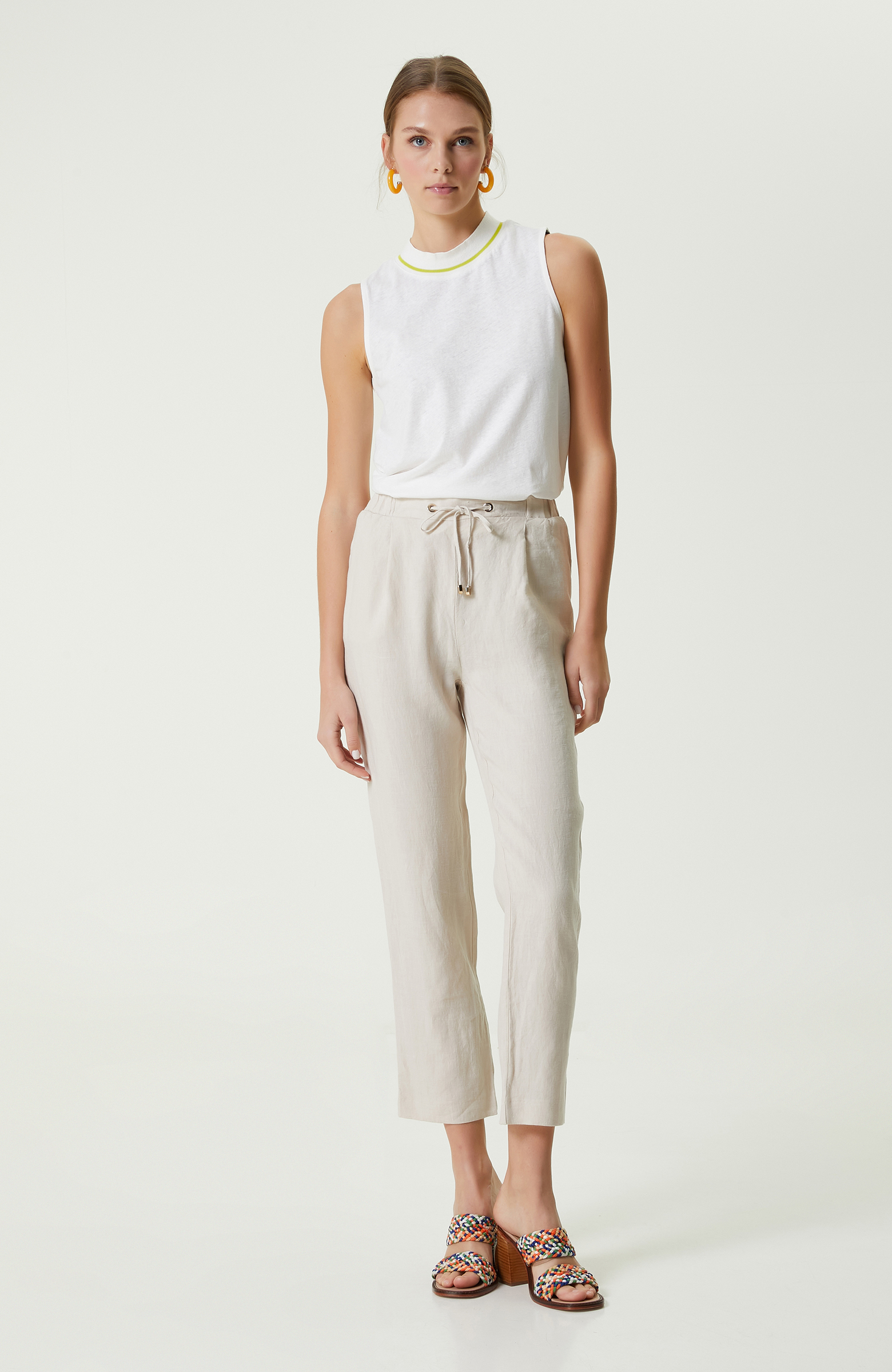 Bej Beli Büzgülü Keten Pantolon