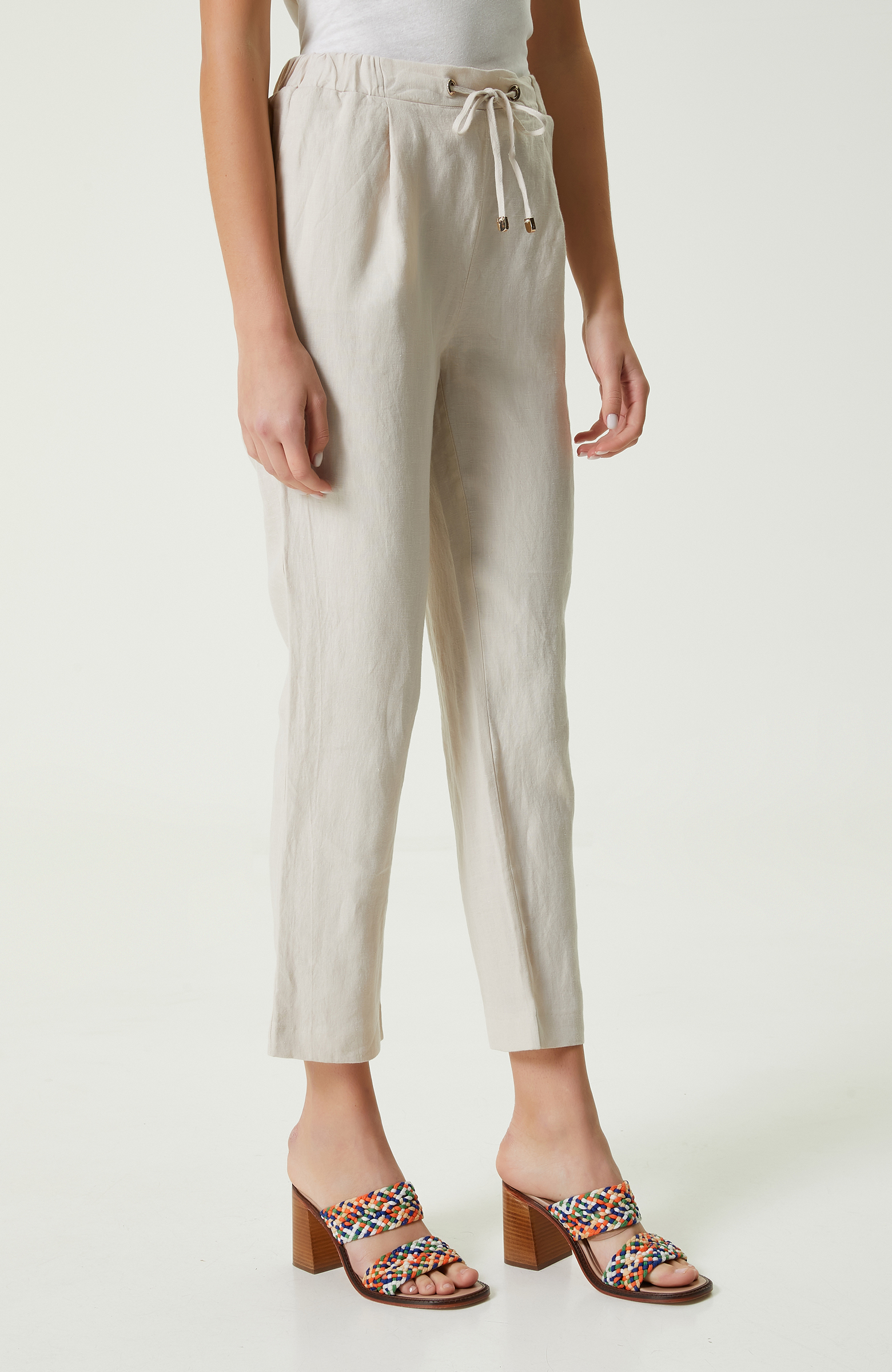 Bej Beli Büzgülü Keten Pantolon