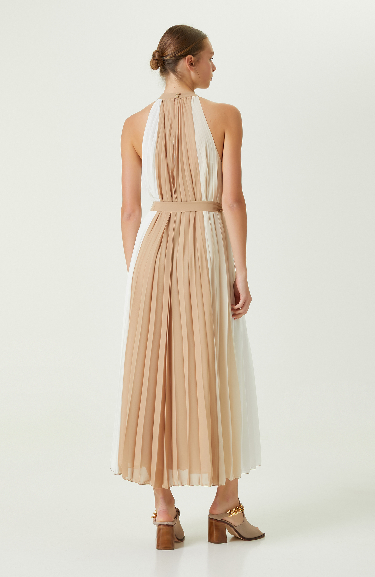 Camel Renk Bloklu Midi Boy Elbise