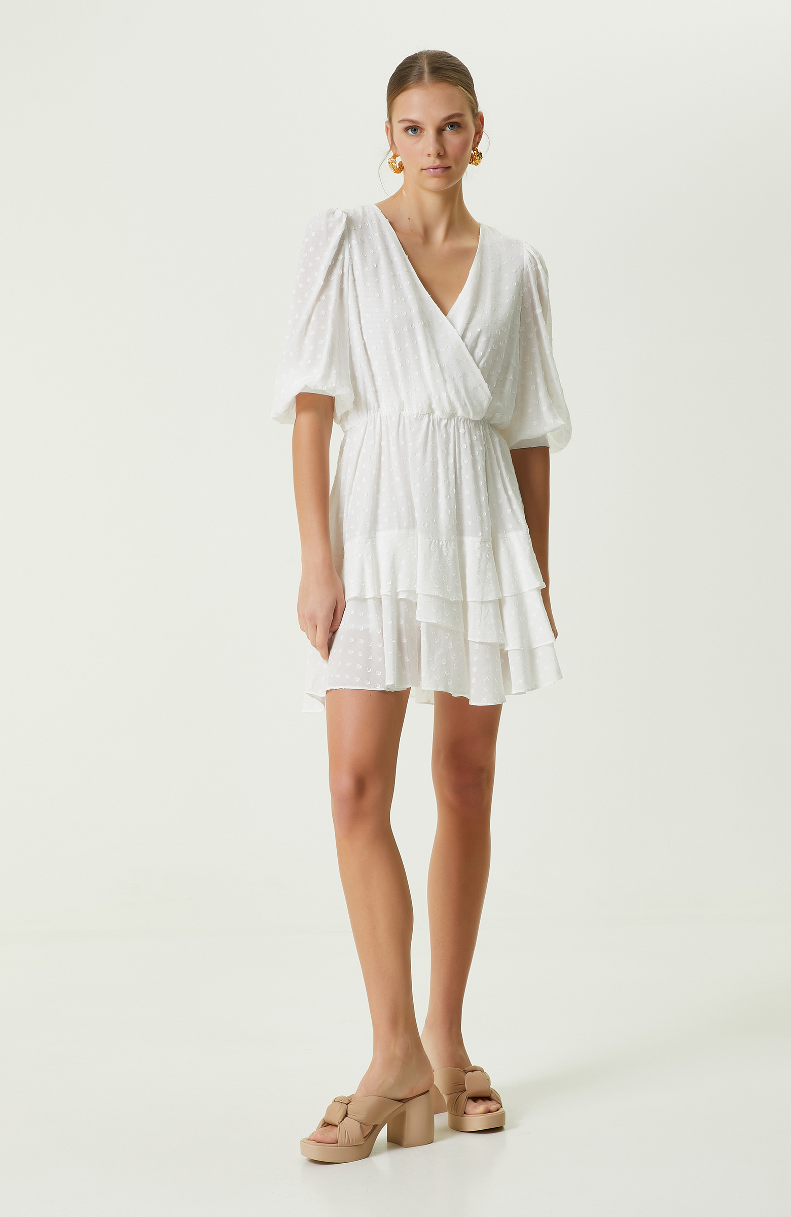 Ekru Desenli Volanlı Mini Elbise