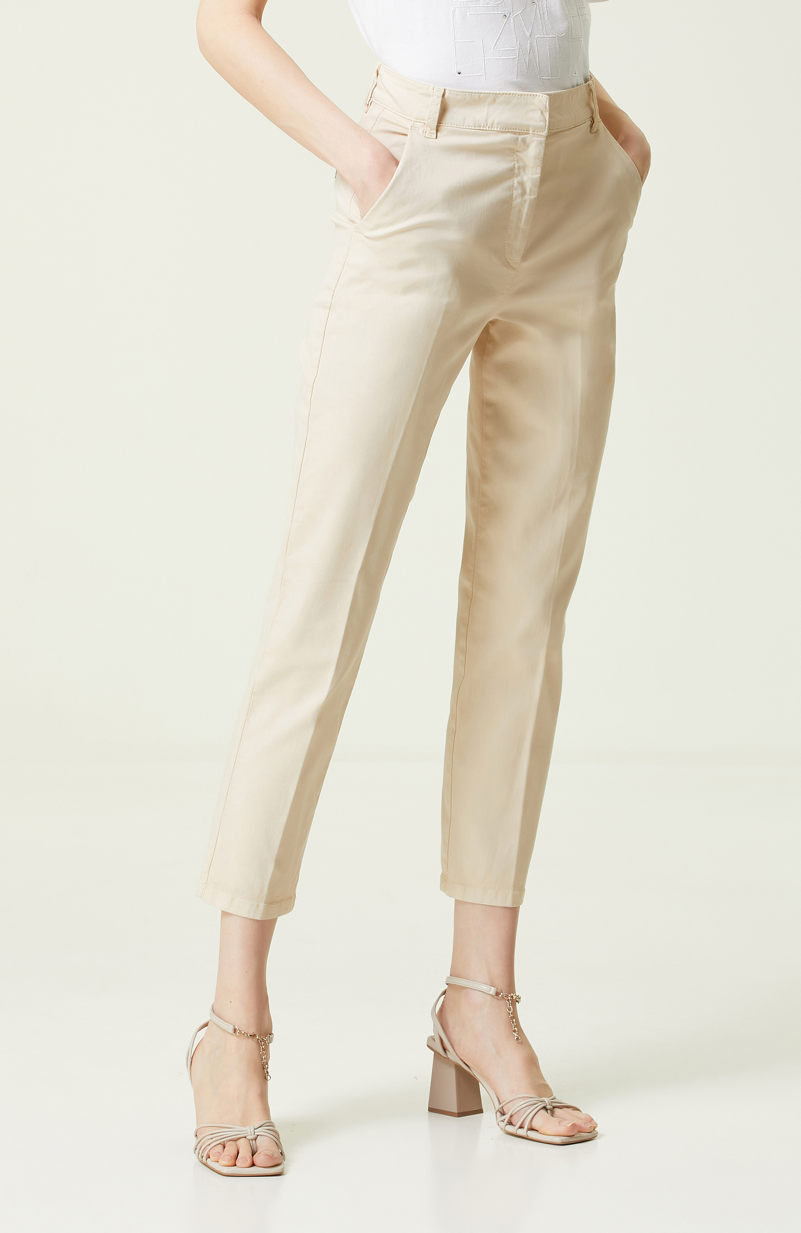 Bej Yüksek Bel Geniş Paça Denim Pantolon