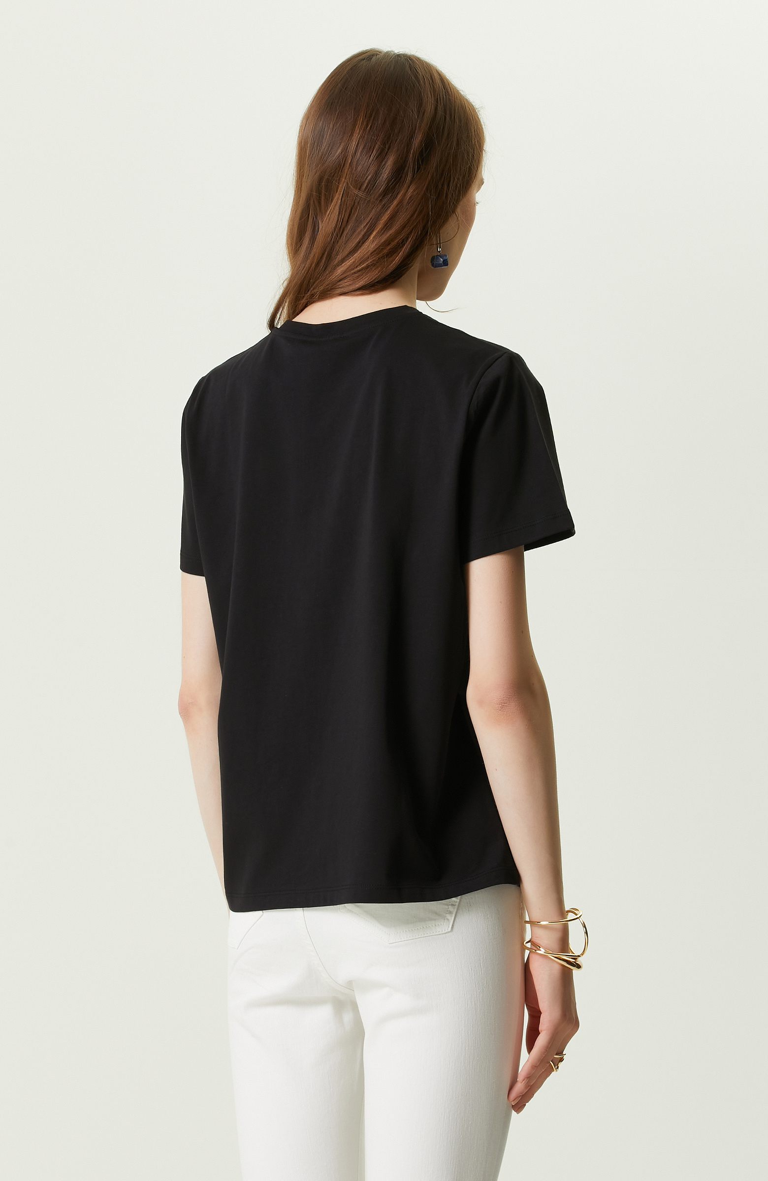 Siyah Baskılı Kısa Kollu Bisiklet Yaka T-shirt