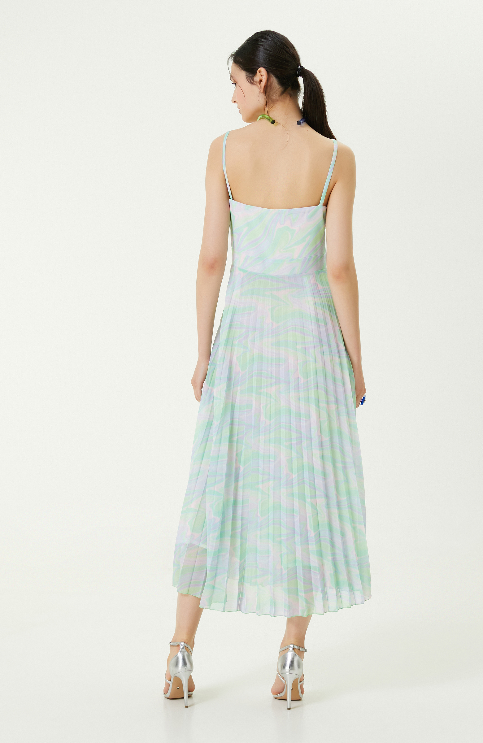 Yeşil Pembe V Yaka Piliseli Elbise