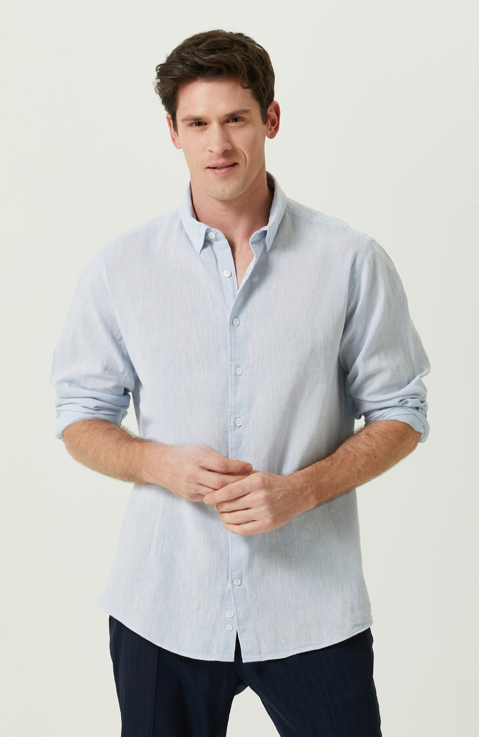 Uzun Kollu Mavi Keten Gömlek