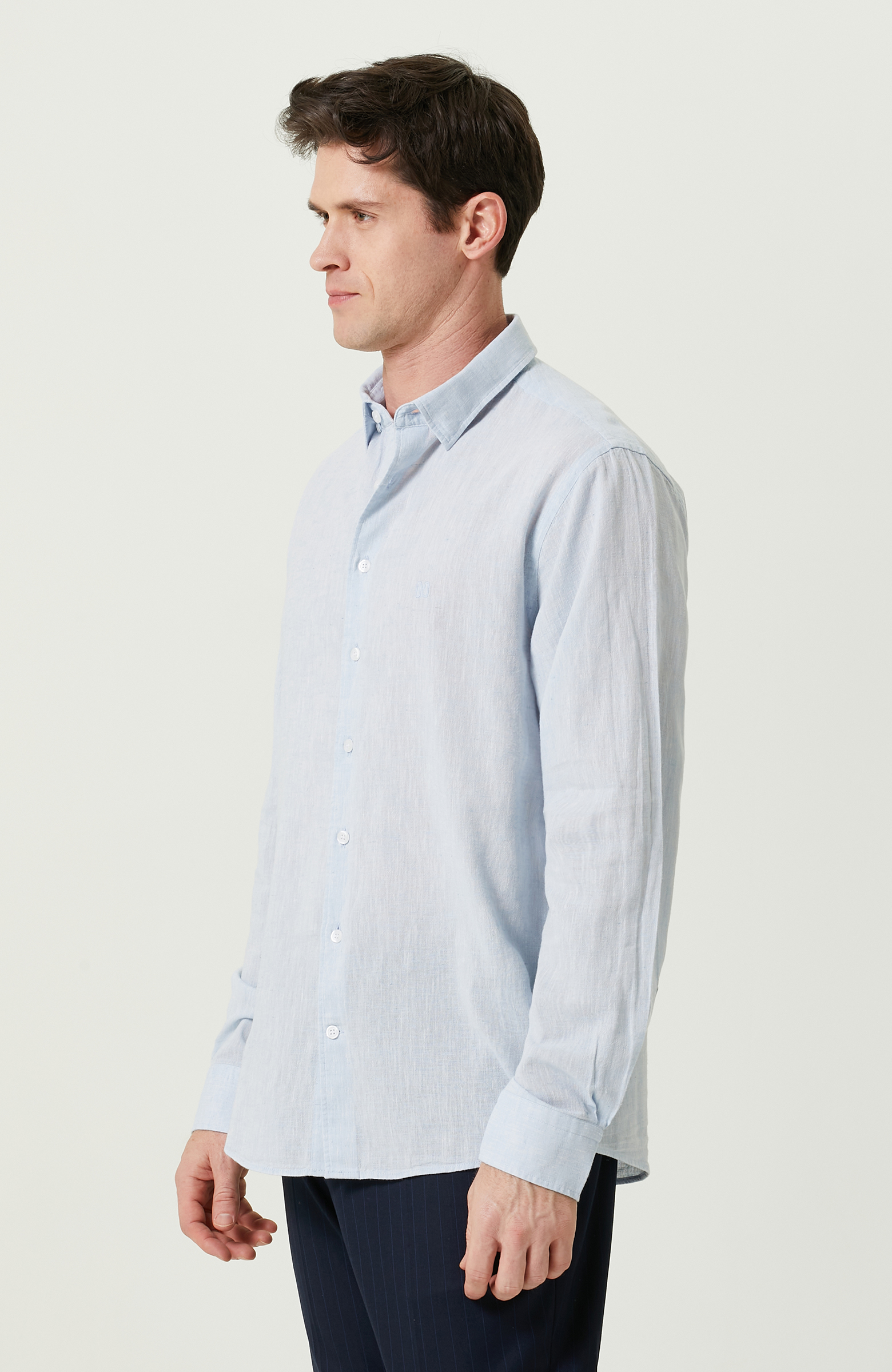 Uzun Kollu Mavi Keten Gömlek