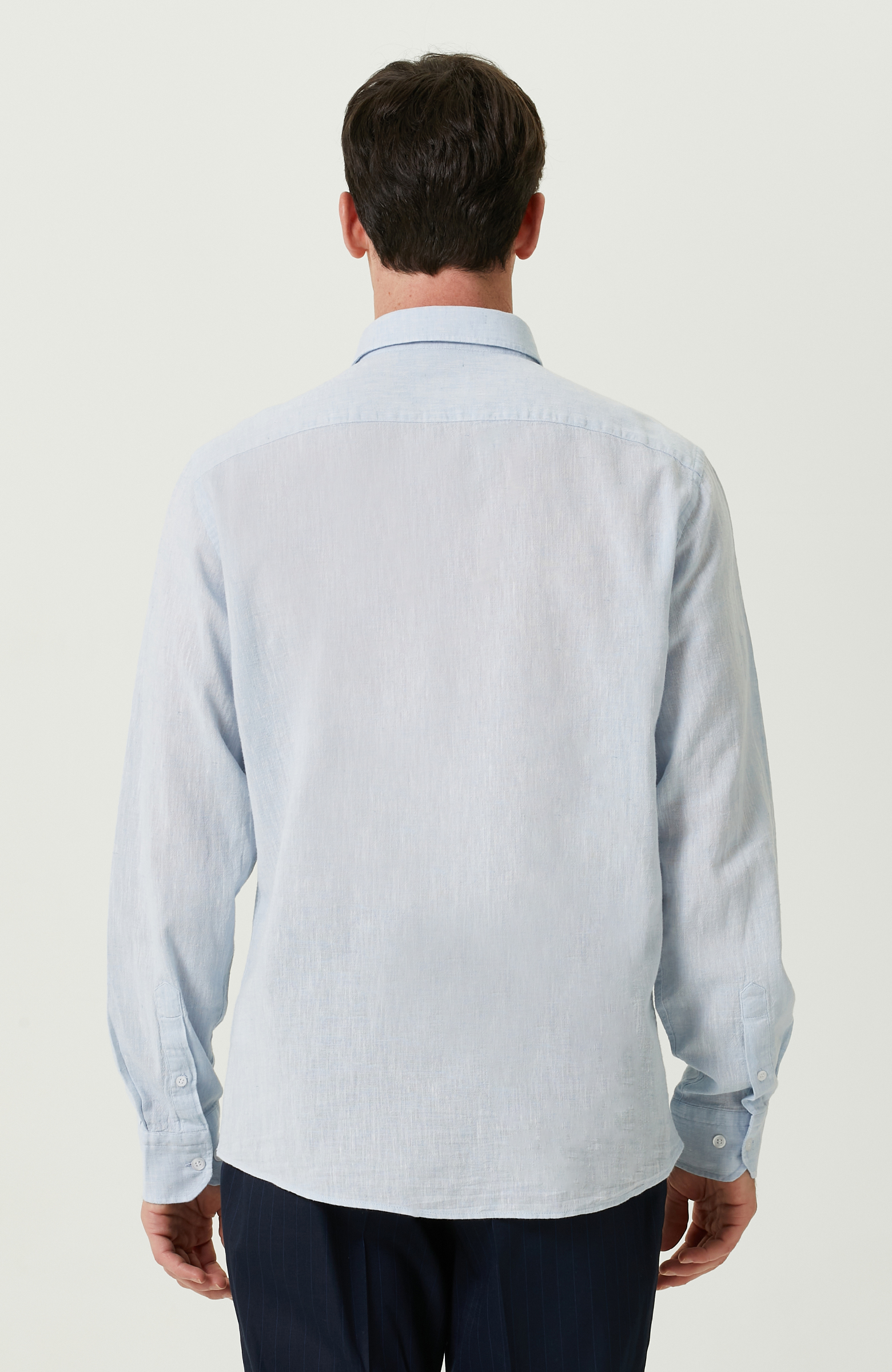 Uzun Kollu Mavi Keten Gömlek