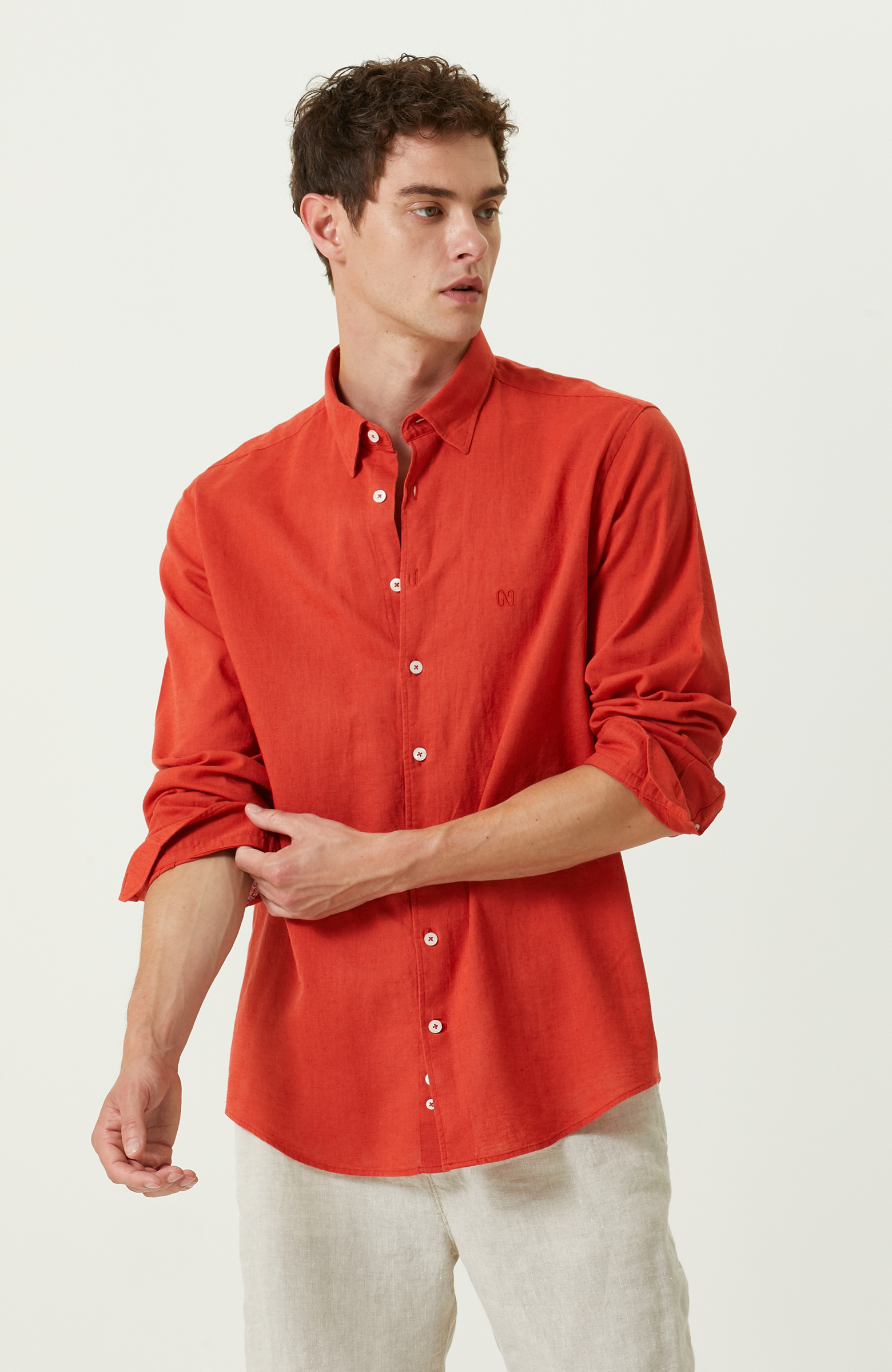 Mercan Pamuk Keten Karışımlı Gömlek