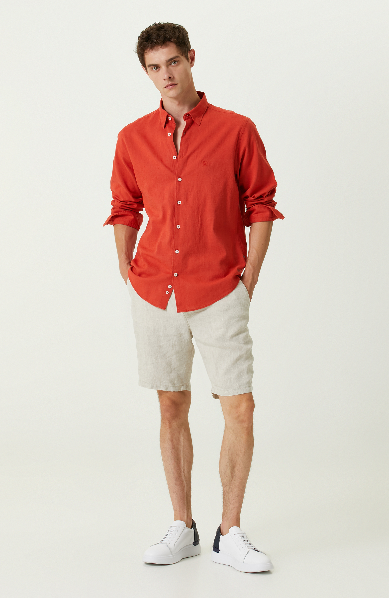 Mercan Pamuk Keten Karışımlı Gömlek