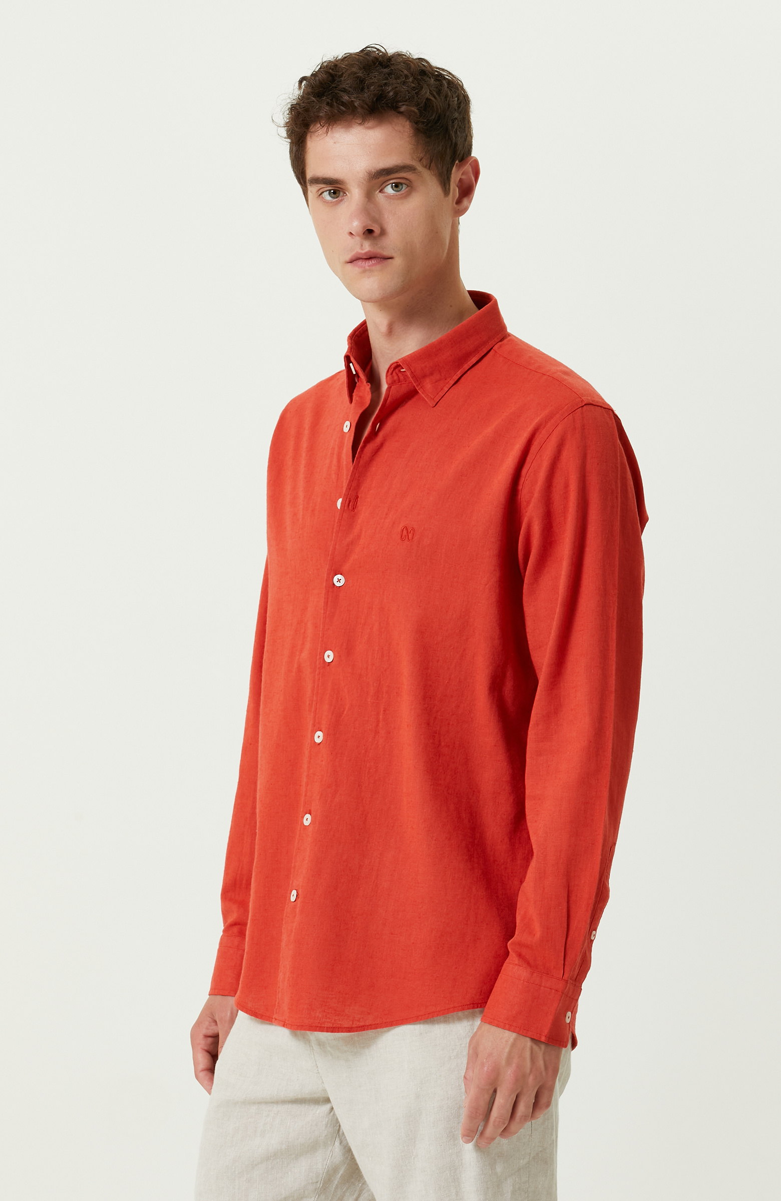 Mercan Pamuk Keten Karışımlı Gömlek