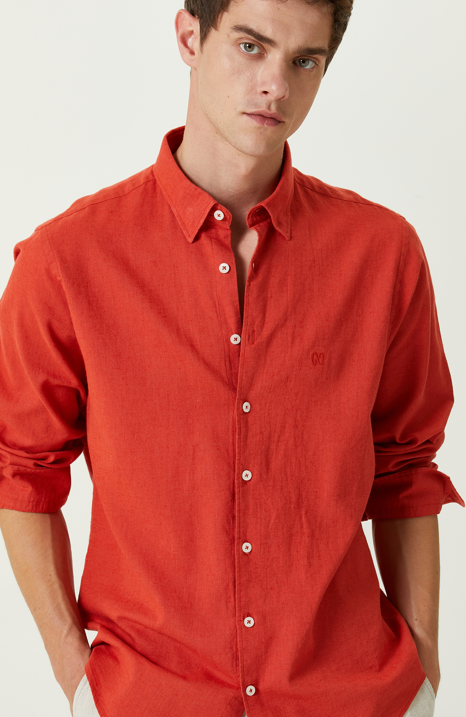 Mercan Pamuk Keten Karışımlı Gömlek