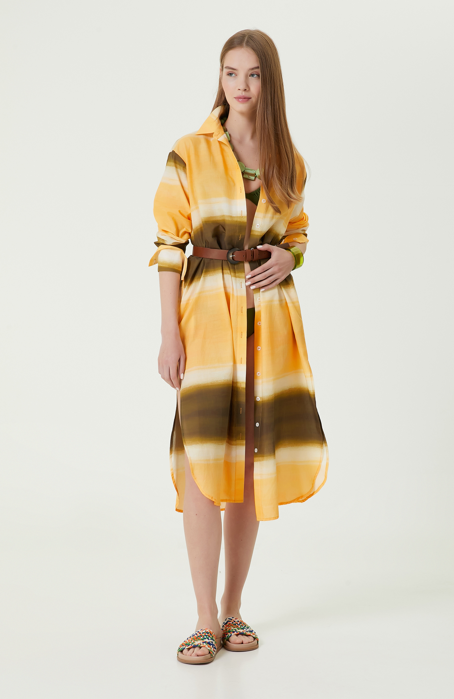 Haki Uzun Kollu Gömlek Yaka Elbise