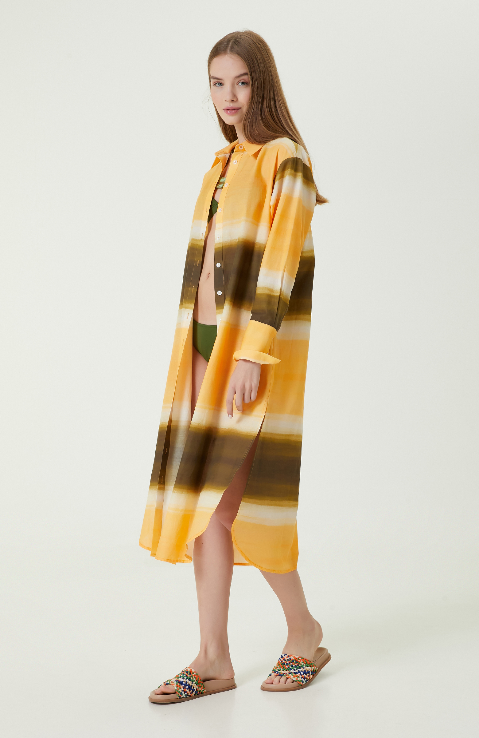 Haki Uzun Kollu Gömlek Yaka Elbise