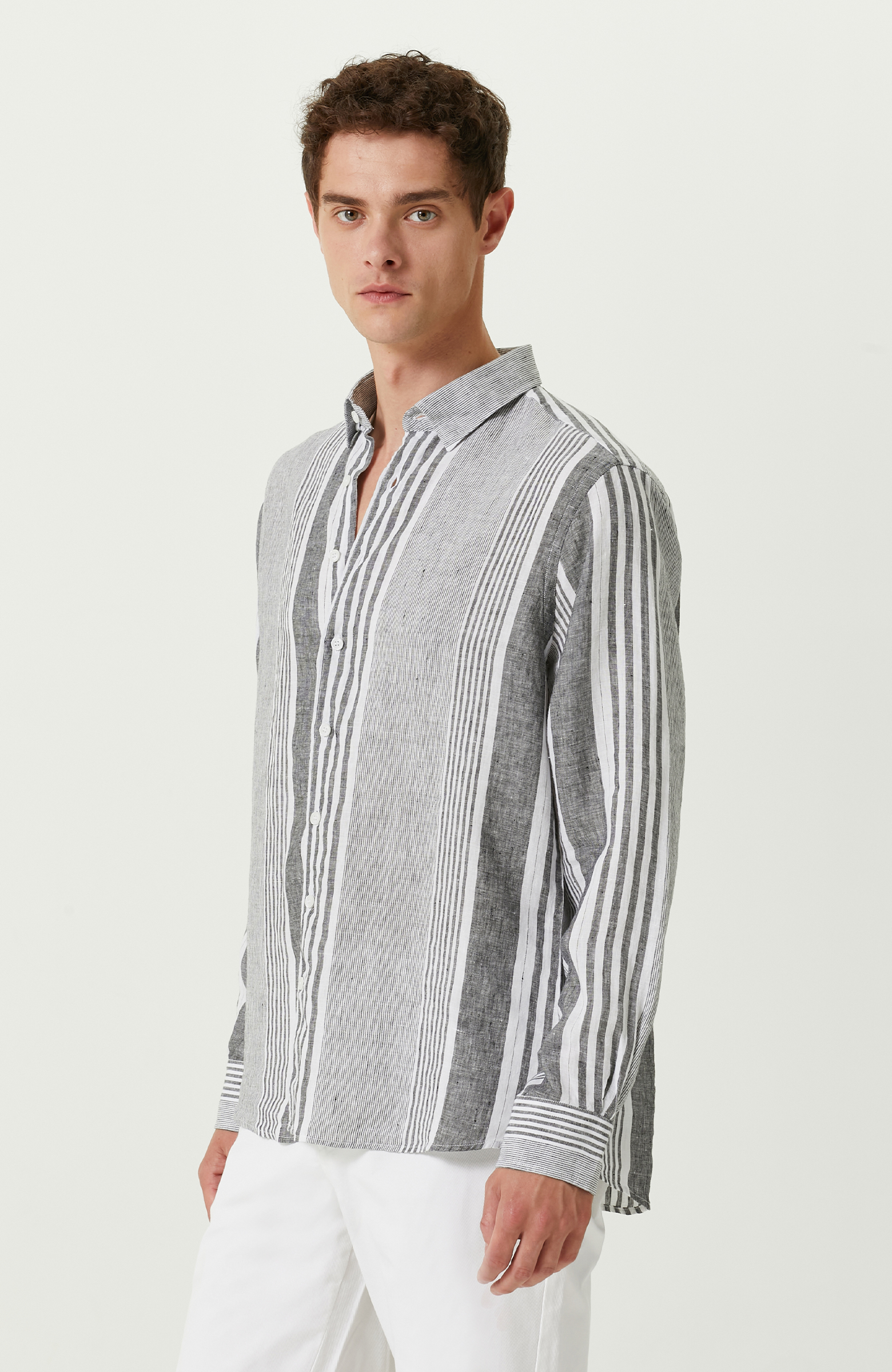 Lacivert Beyaz Keten Gömlek