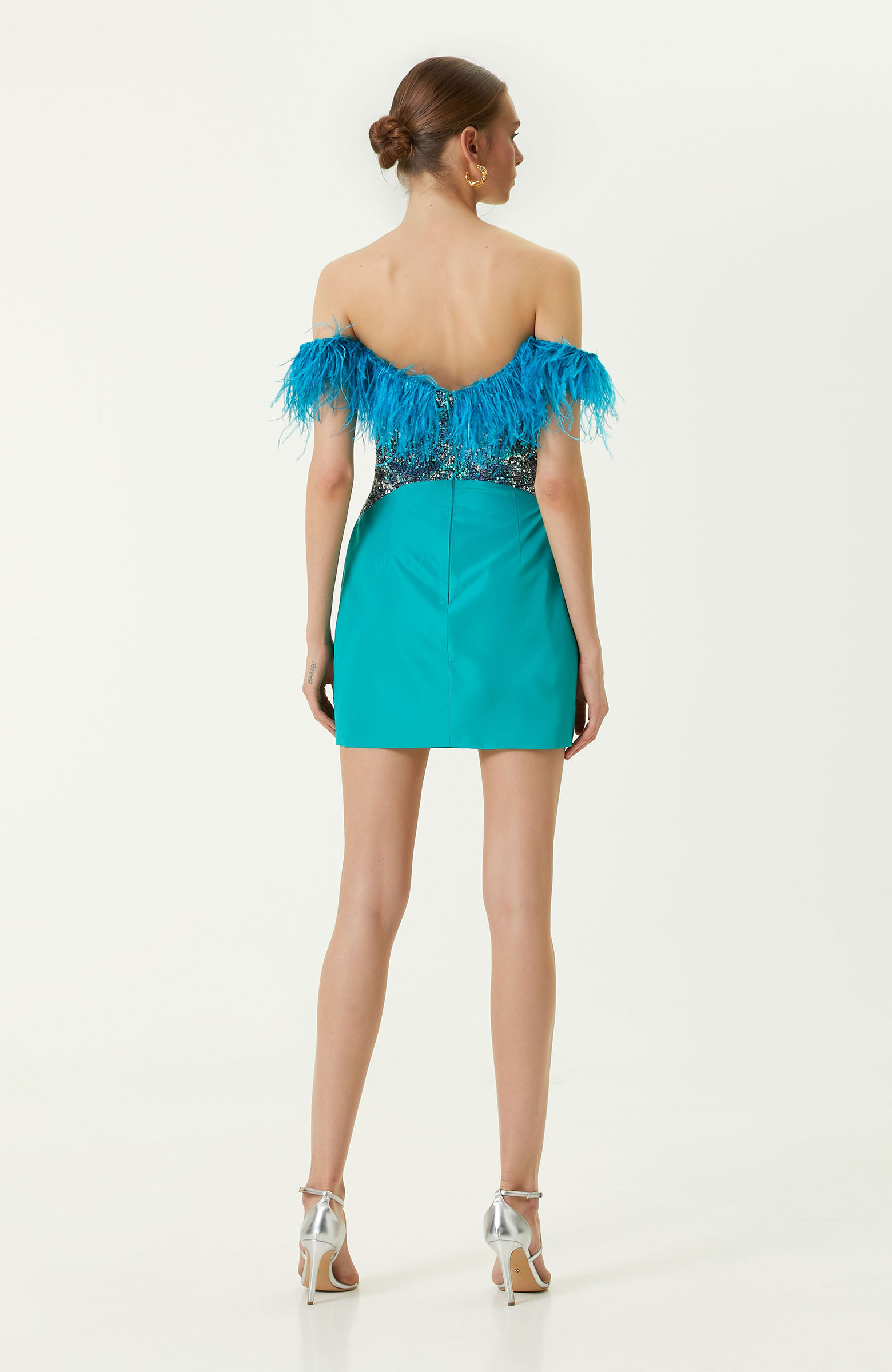 Turkuaz Payetli Straplez Mini Abiye Elbise