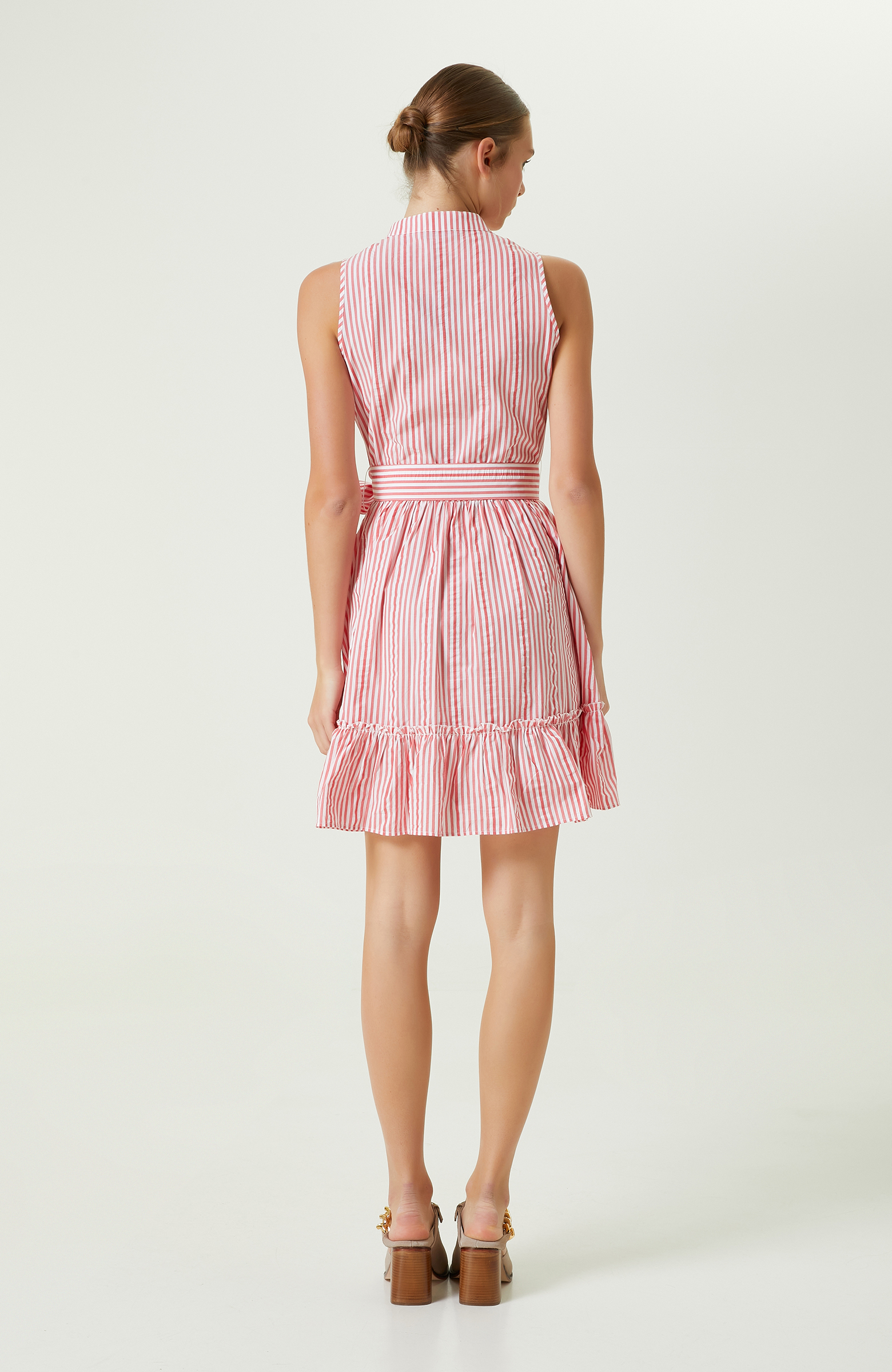 Kırmızı Beyaz Çizgili Gömlek Yaka Elbise