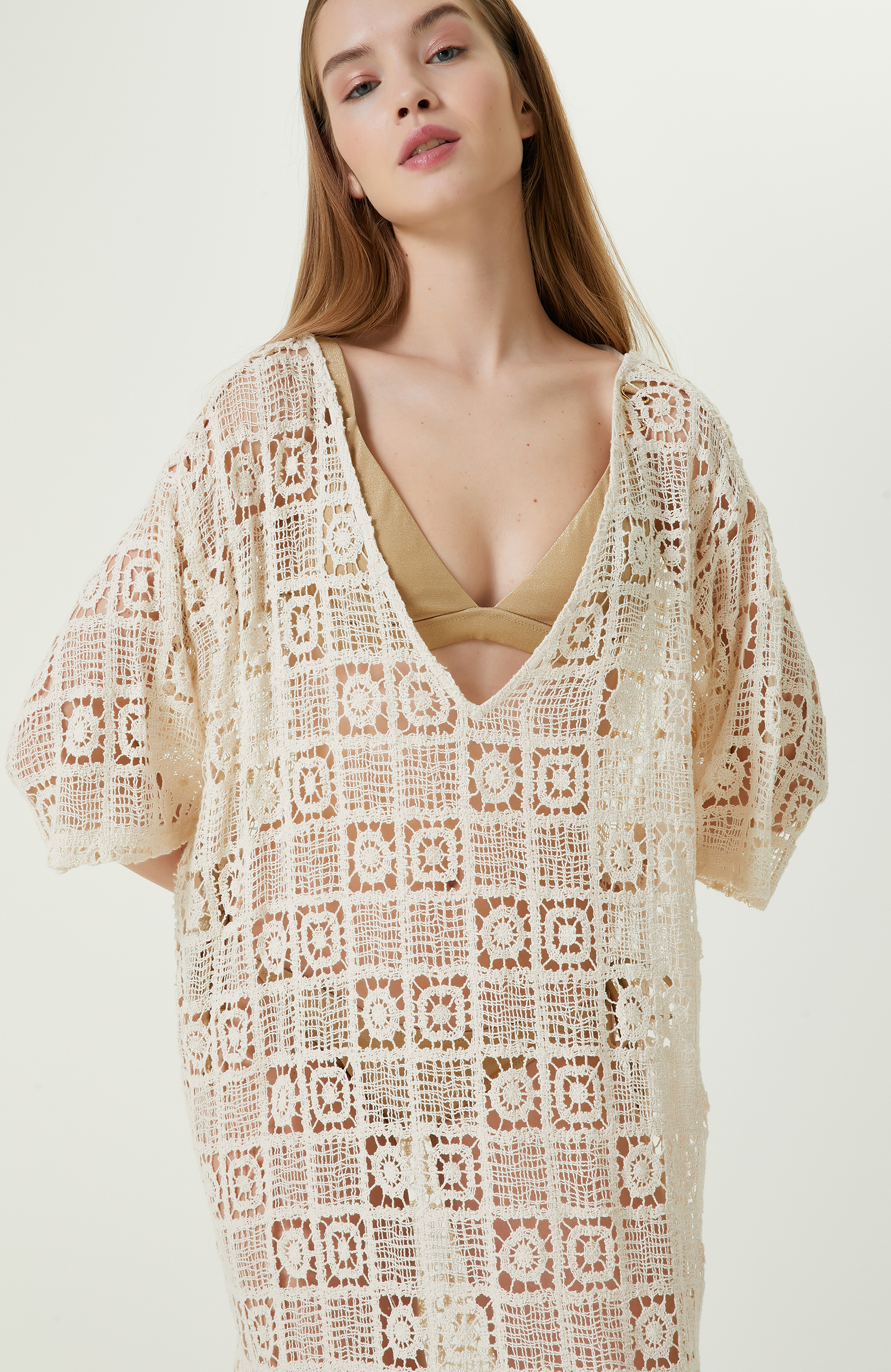 Naturel Desenli Uzun Plaj Elbisesi