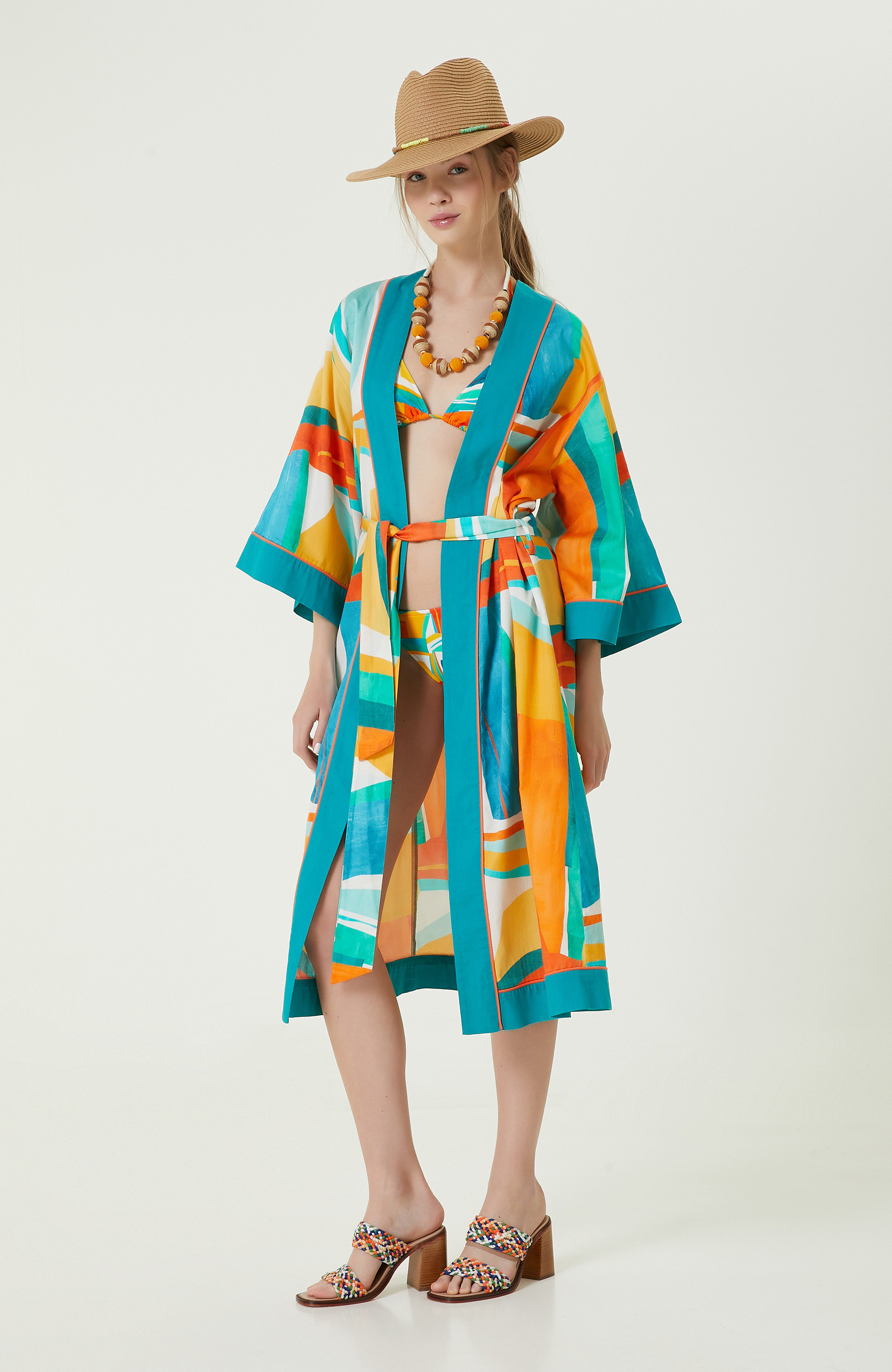 Turkuaz V Yaka Geometrik Desenli Kaftan