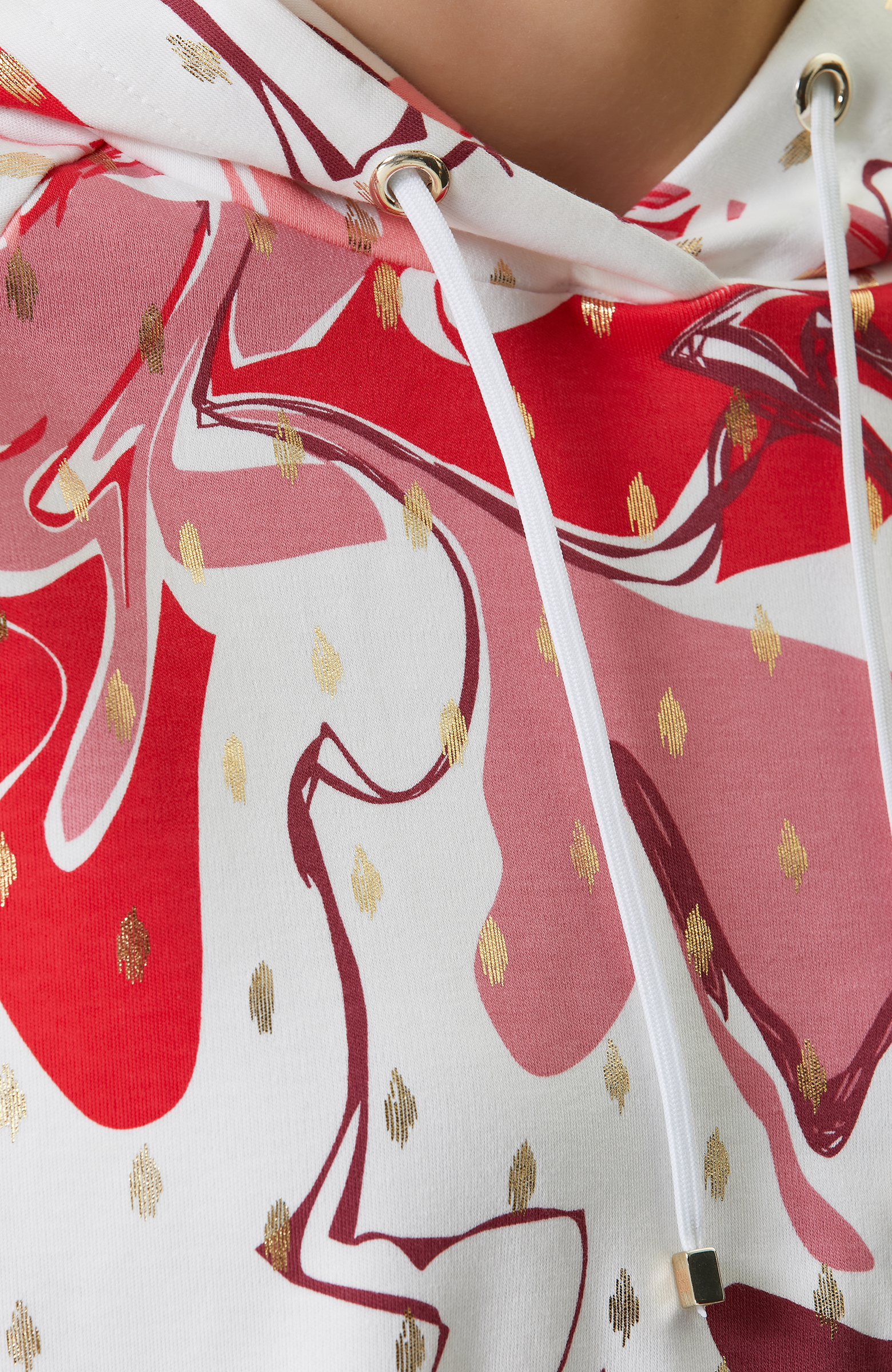 Pembe Beyaz Desenli Kapüşonlu Sweatshirt