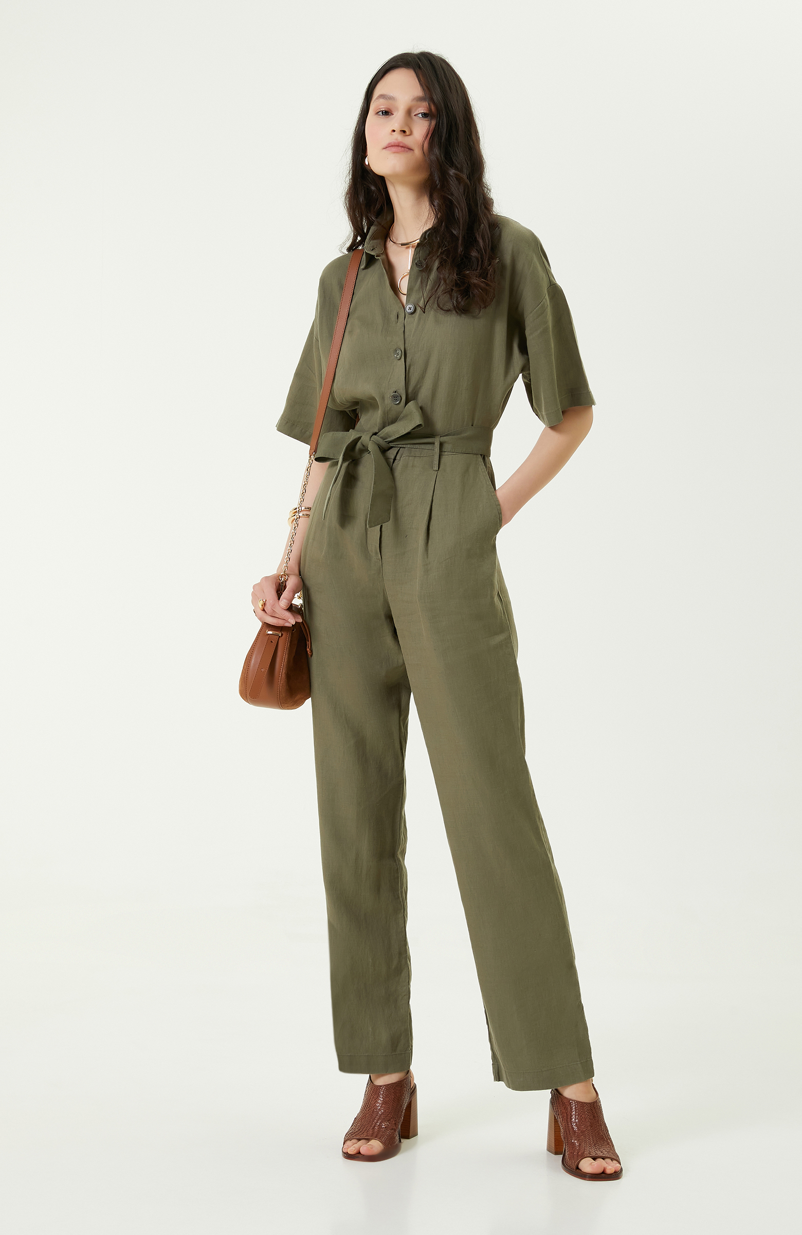 Kısa Kollu Haki Keten Tulum