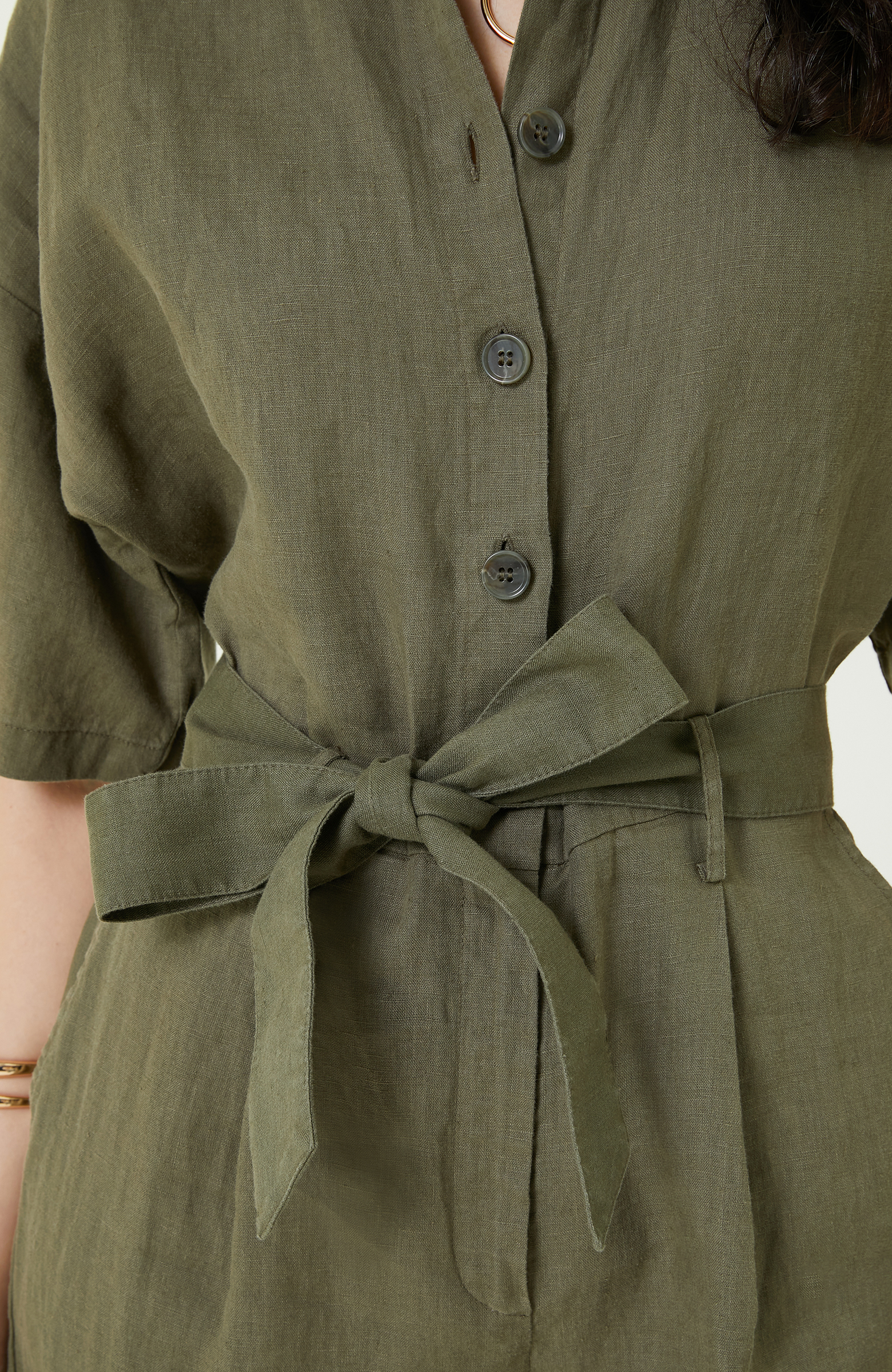 Kısa Kollu Haki Keten Tulum