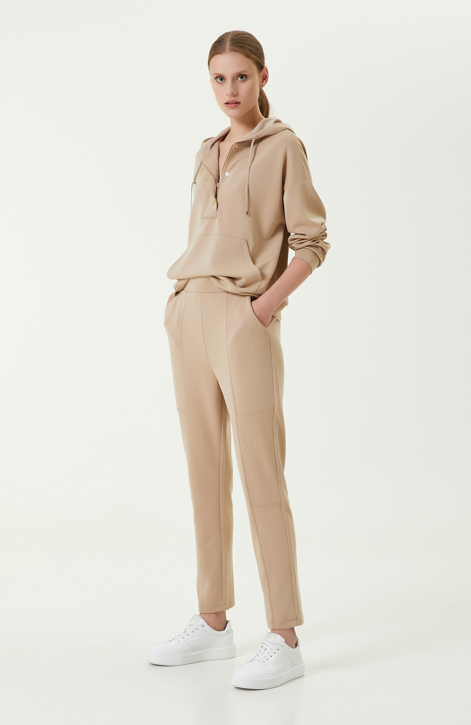 Fermuar Detaylı Bej Sweatshirt