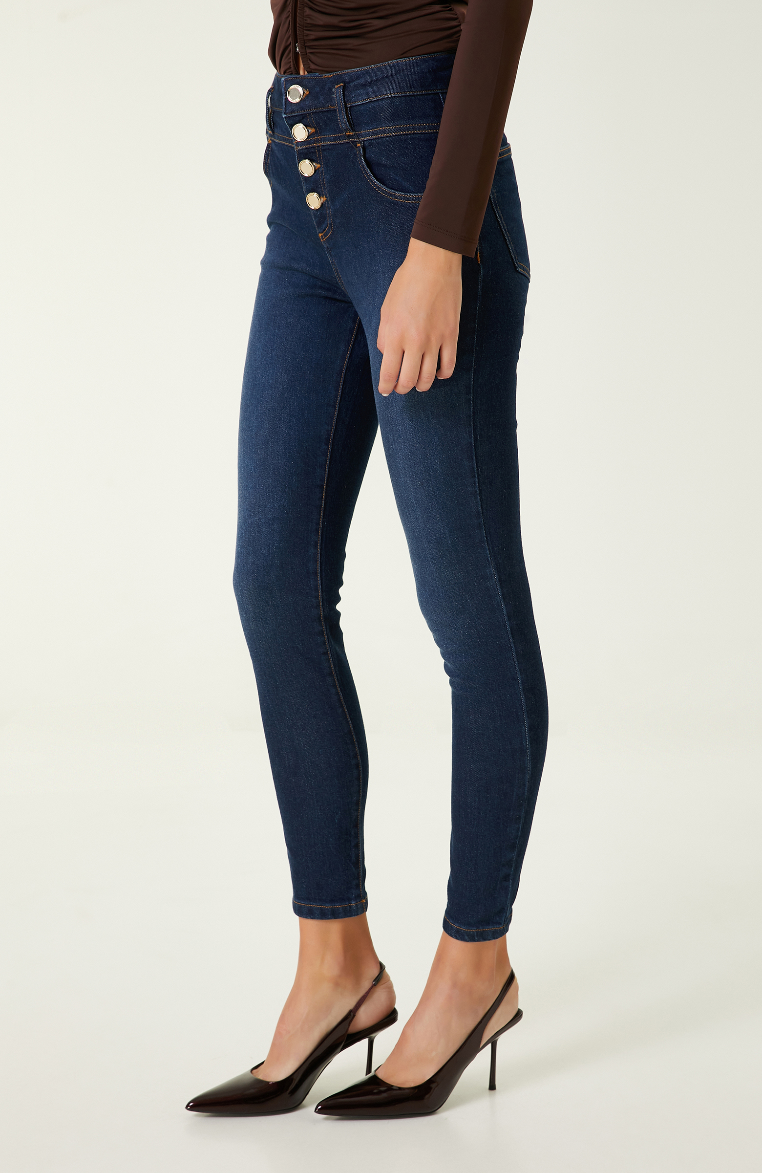 Lacivert Düğme Detaylı Denim Pantolon