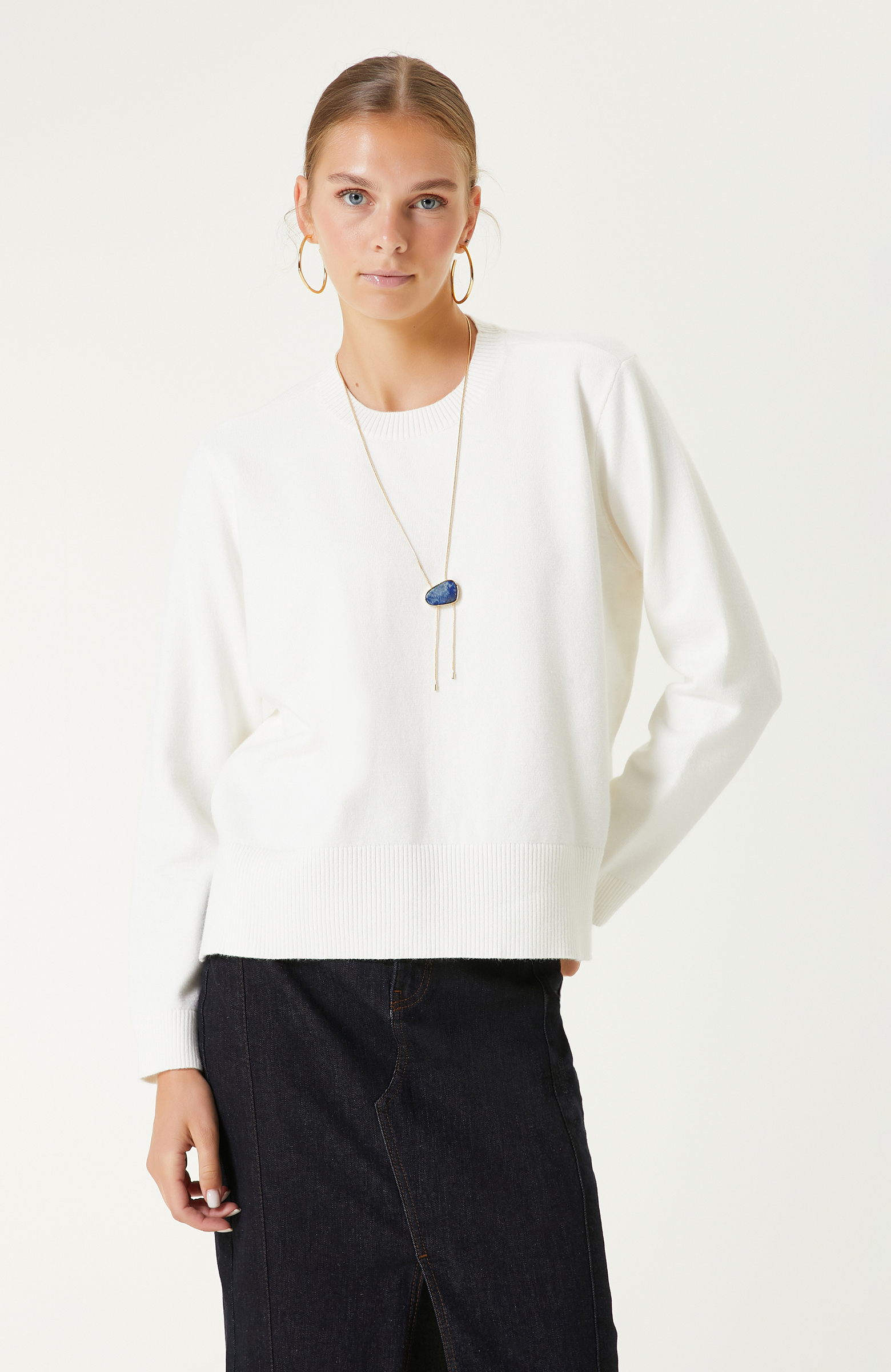 Ekru Bisiklet Yaka Uzun Kollu Triko