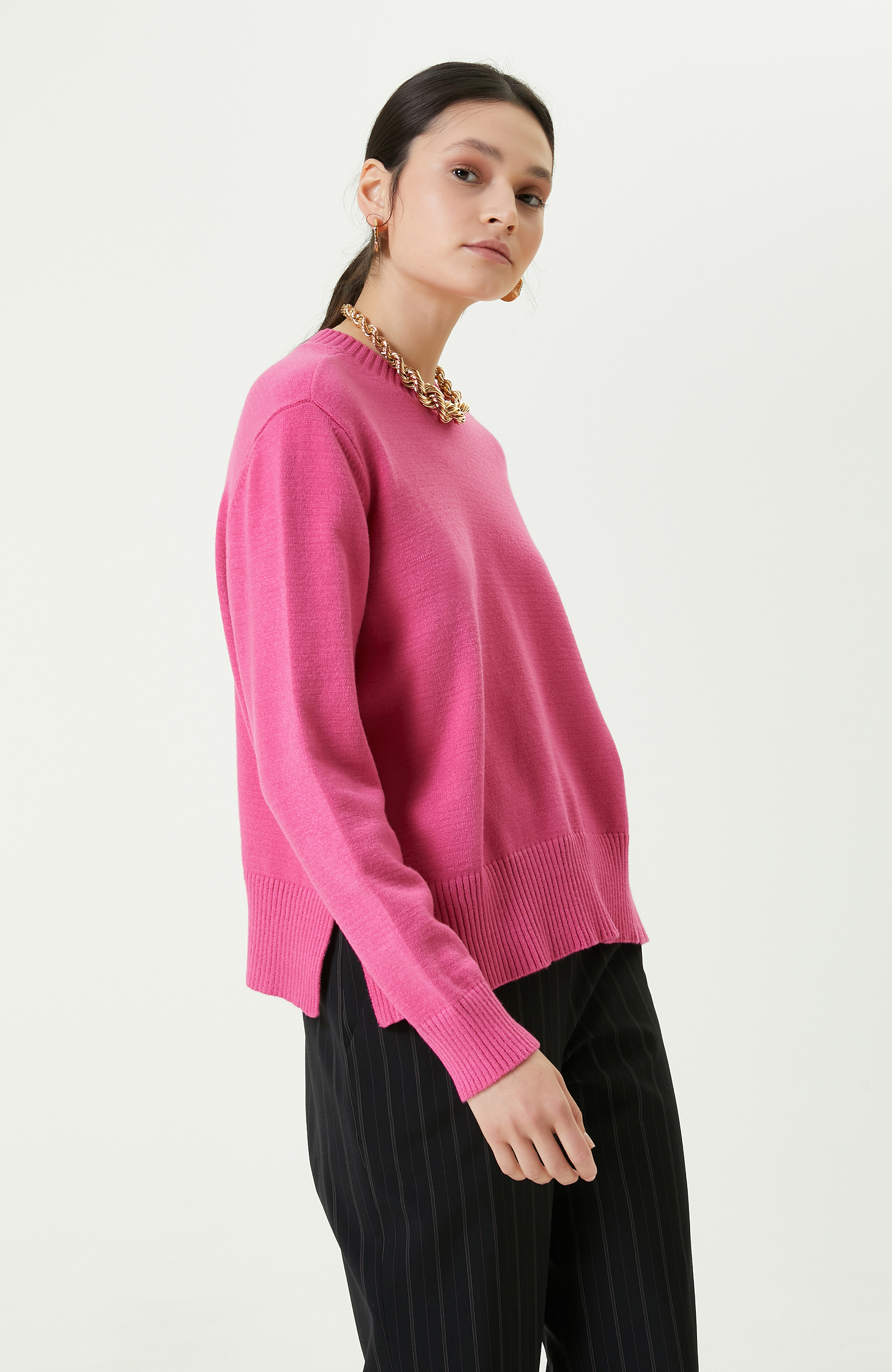 Bisiklet Yaka Pembe Triko Kazak